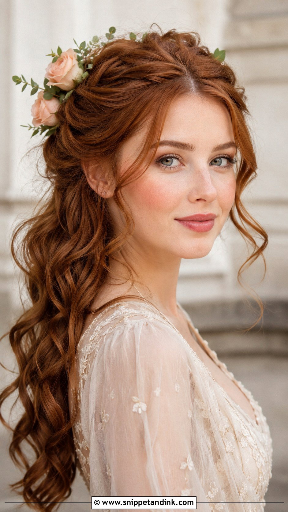 Half Up Half Down With Rose Accents - Snippet and Ink - 25 Elegant Half-Up Half-Down Wedding Hairstyles