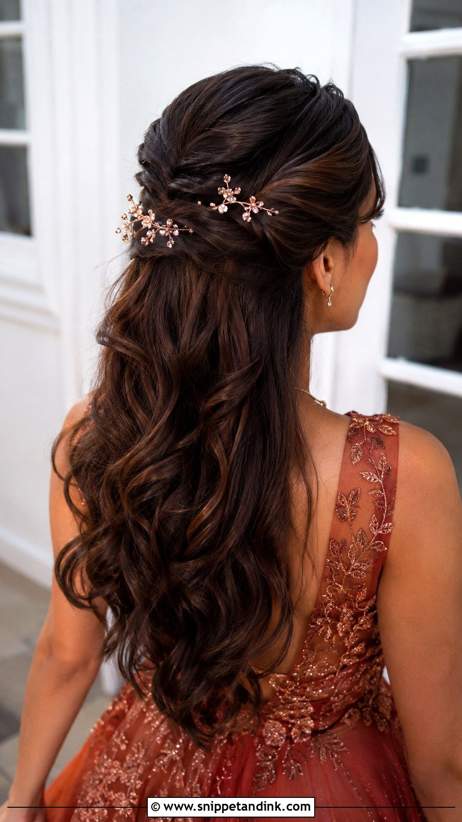 Half Up Half Down With Rose Gold Pins - Snippet and Ink - 35 Half-Up Half-Down Wedding Hair Ideas