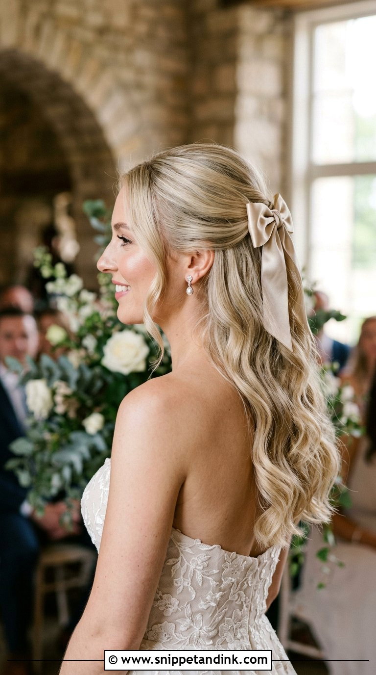Half Up Half Down With Satin Bow - Snippet and Ink - 20 Bridal Hair with Bow Ideas
