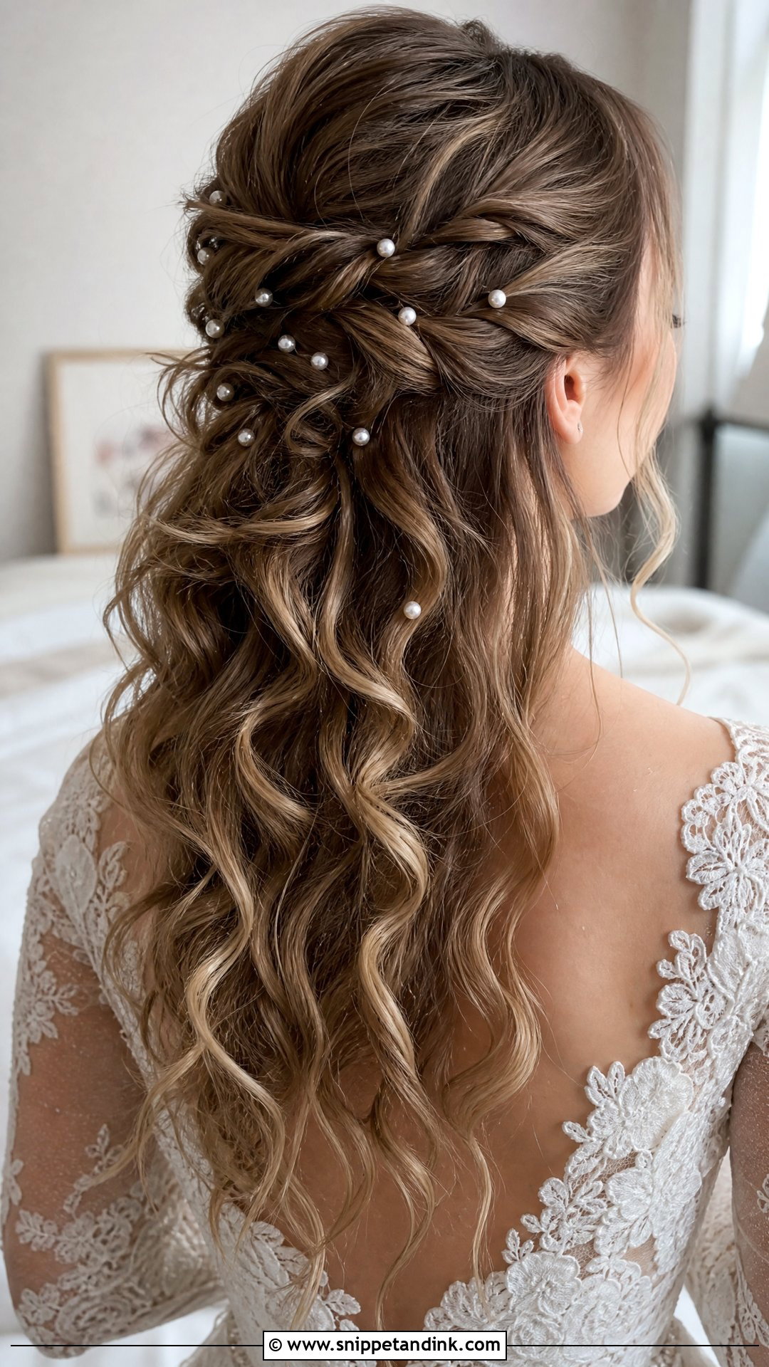 Half Up Half Down With Scattered Pearls - Snippet and Ink - 20 Pearl Wedding Hairstyles