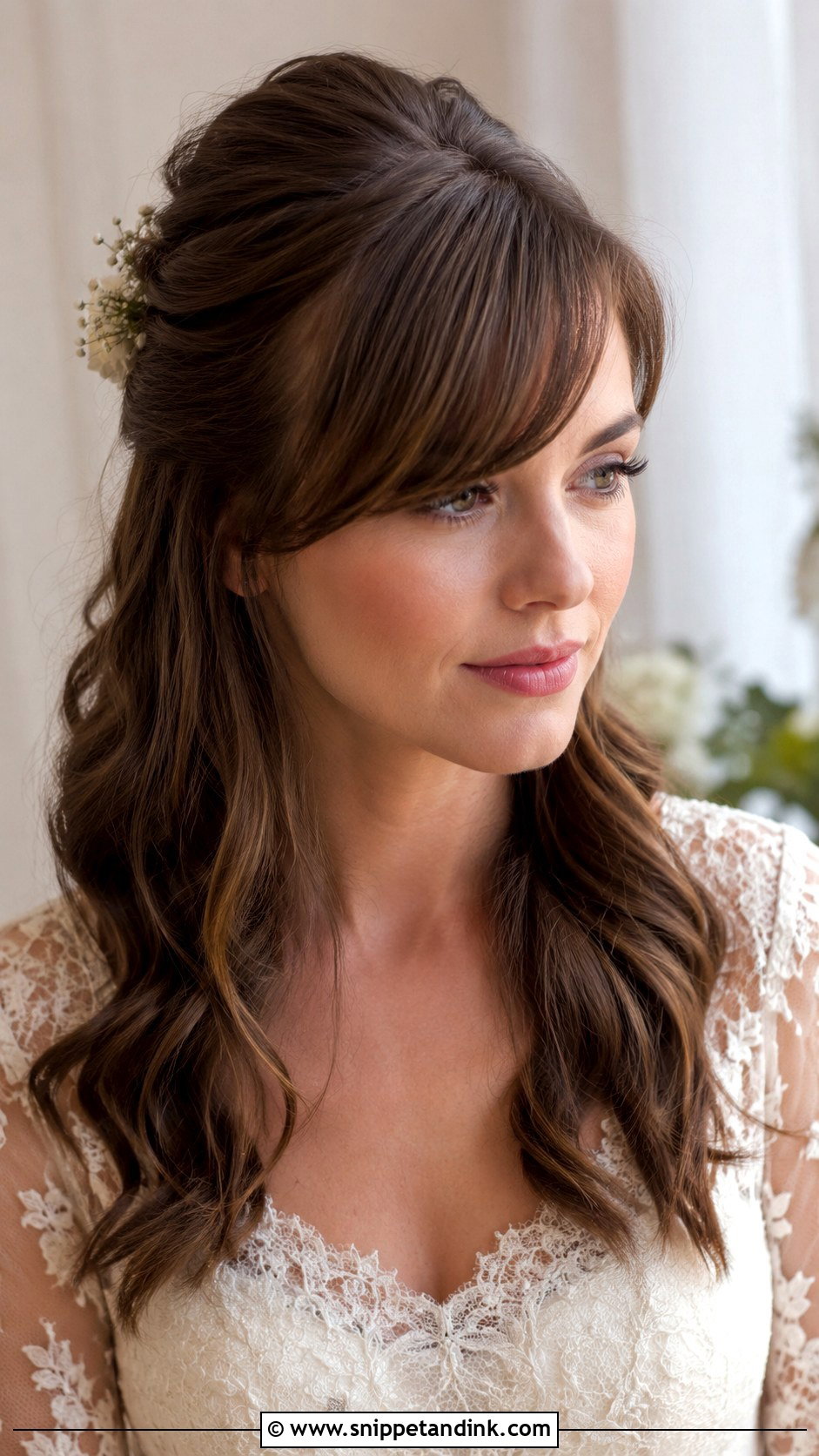 Half Up Half Down With Side Swept Bangs - Snippet and Ink - 20 Shoulder Length Half-Up Half-Down Wedding Hair Ideas