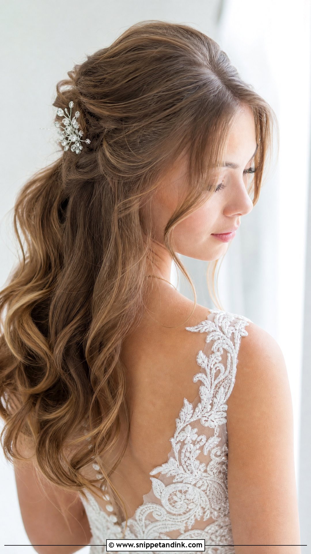 Half Up Half Down With Side Swept Bangs - Snippet and Ink - 20 Wedding Hairstyles for Big Foreheads