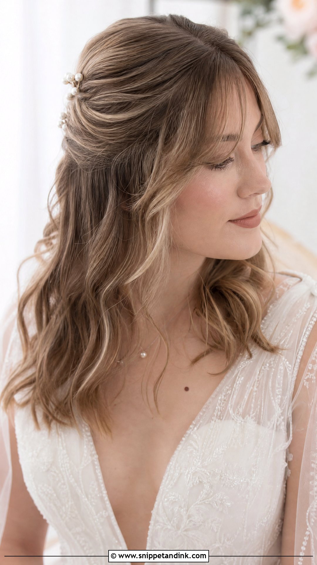 Half Up Half Down With Soft Bangs - Snippet and Ink - 20 Wedding Hairstyles Bangs