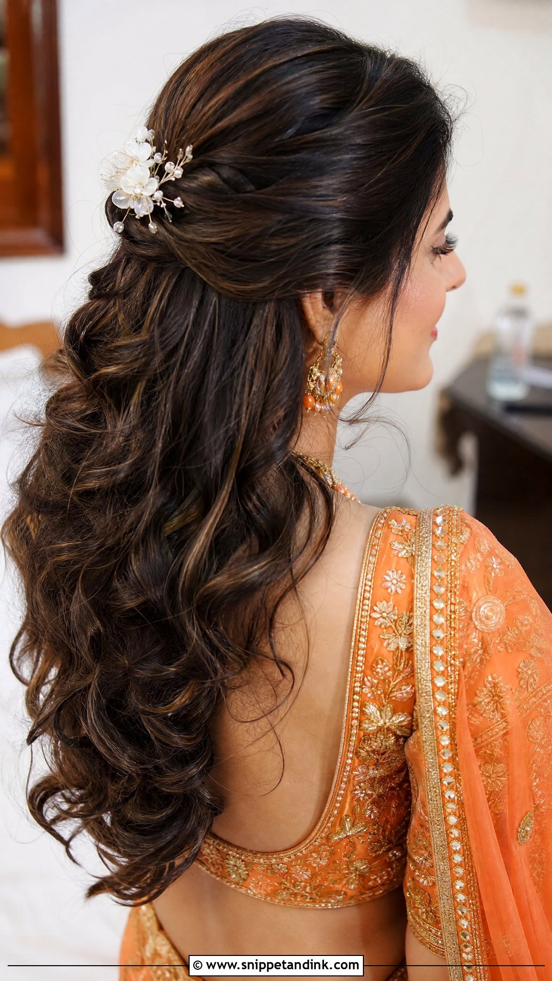 Half Up Half Down With Soft Curls - Snippet and Ink - 20 Bridal Mehndi Hairstyles
