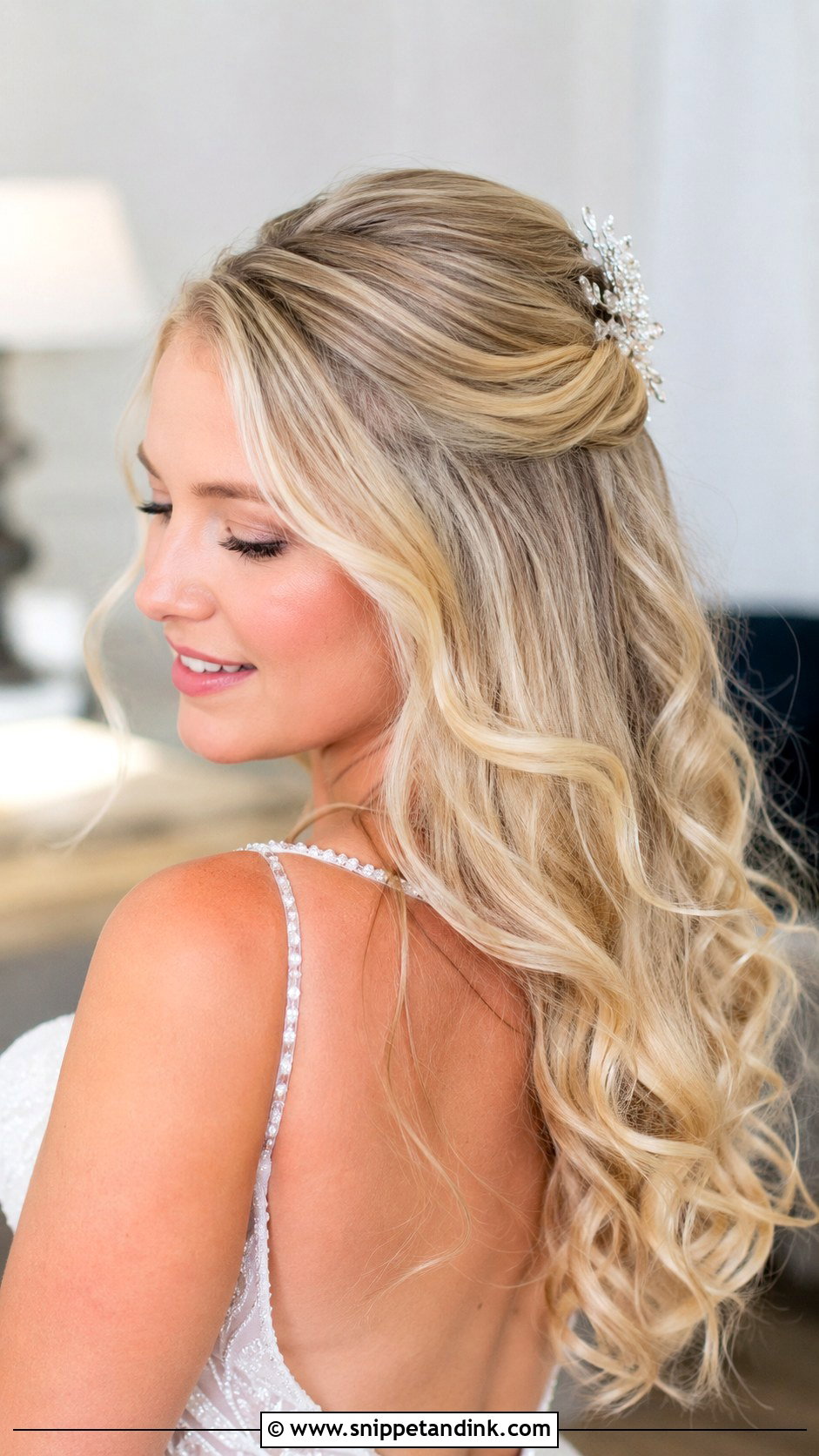 Half Up Half Down With Soft Curls - Snippet and Ink - 30 Short Half-Up Half-Down Wedding Hair Ideas