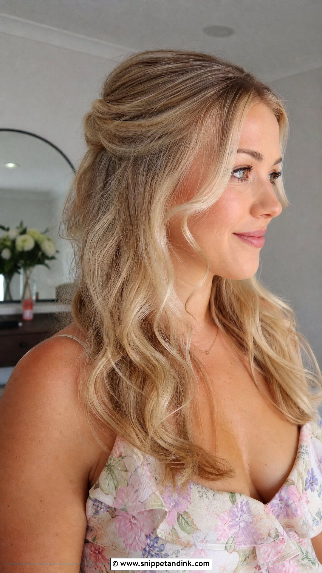 Half Up Half Down With Soft Curls - Snippet and Ink - 20 Cute Wedding Guest Hairstyles