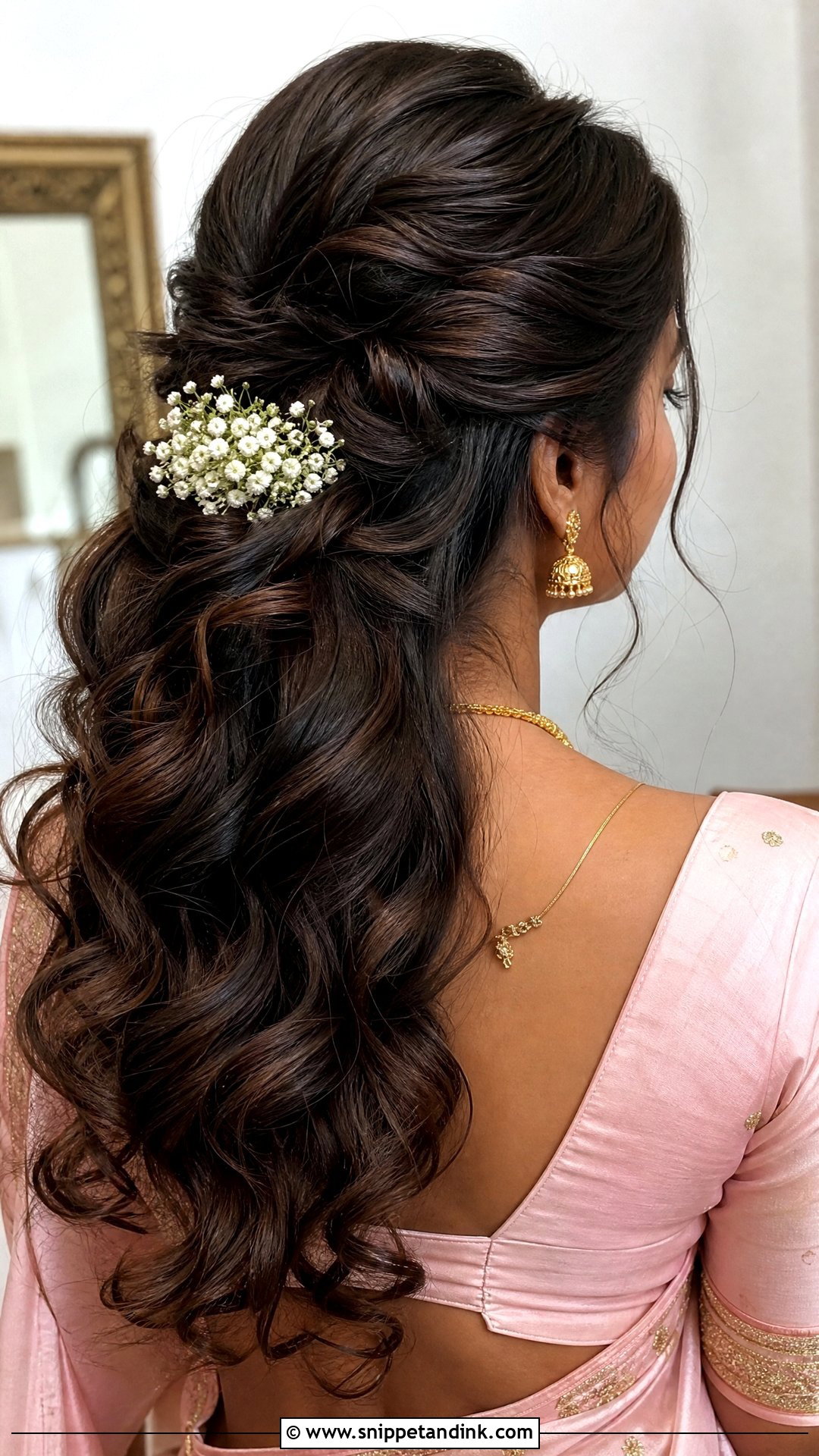Half Up Half Down With Soft Curls - Snippet and Ink - 20 Hairstyles for South Indian Wedding
