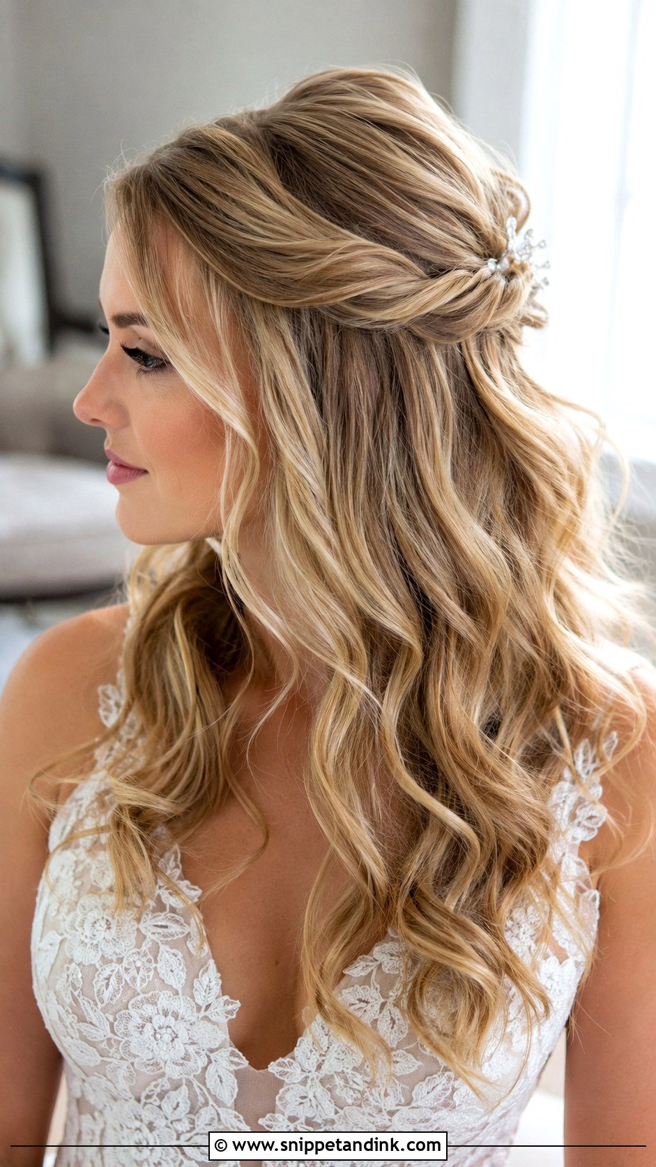 Half Up Half Down With Soft Waves - Snippet and Ink - 25 Long Hair Wedding Hairstyles