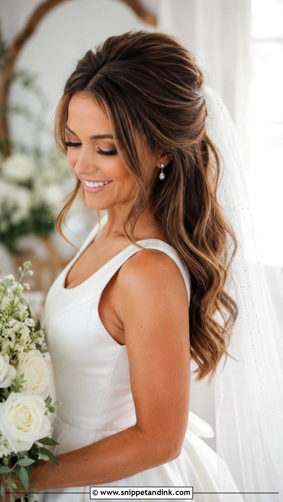 Half Up Half Down With Soft Waves - Snippet and Ink - 20 Round Face Bridal Hair Ideas