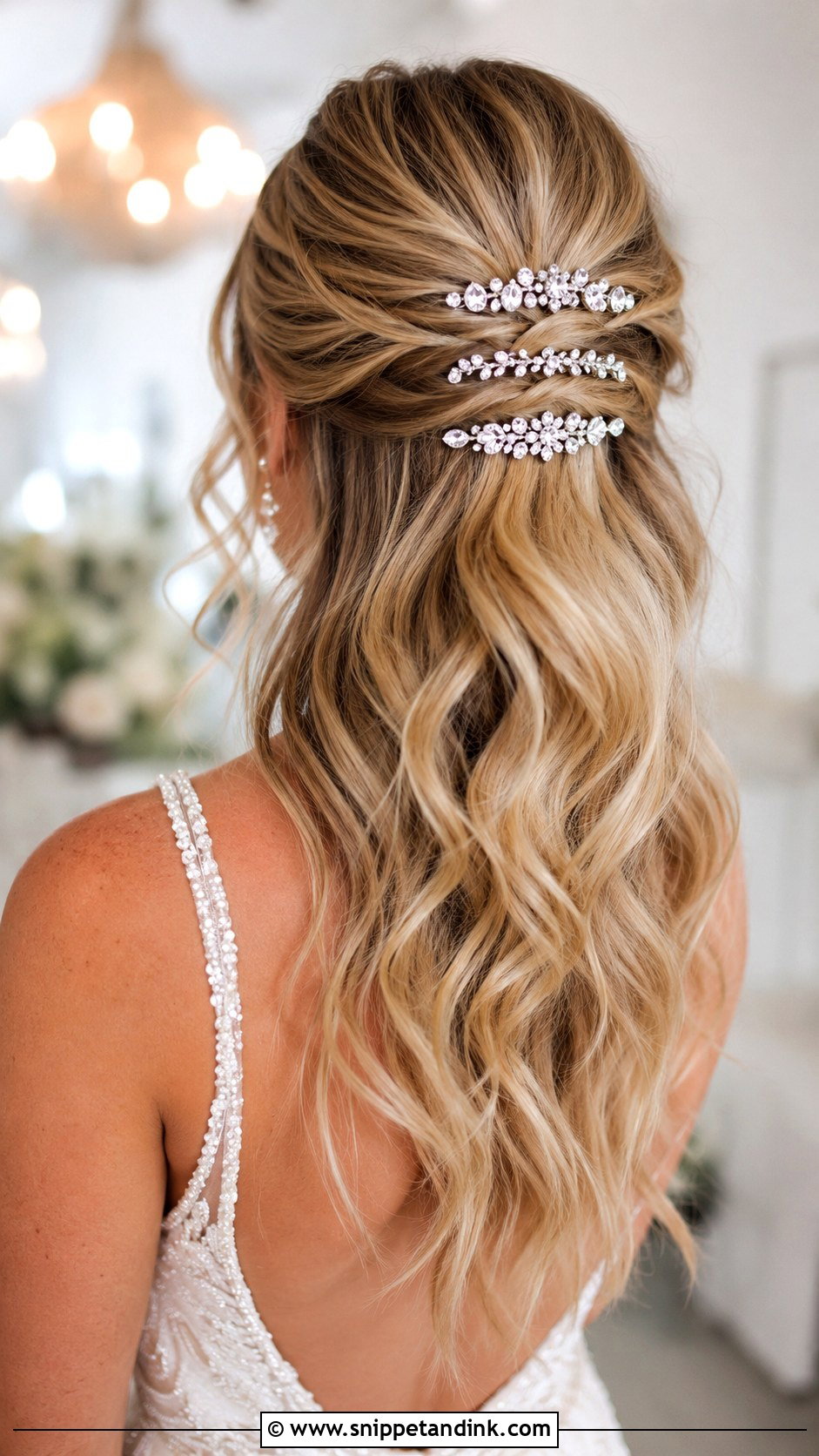 Half Up Half Down With Sparkly Clips - Snippet and Ink - 30 Half Updo Wedding Hair Ideas