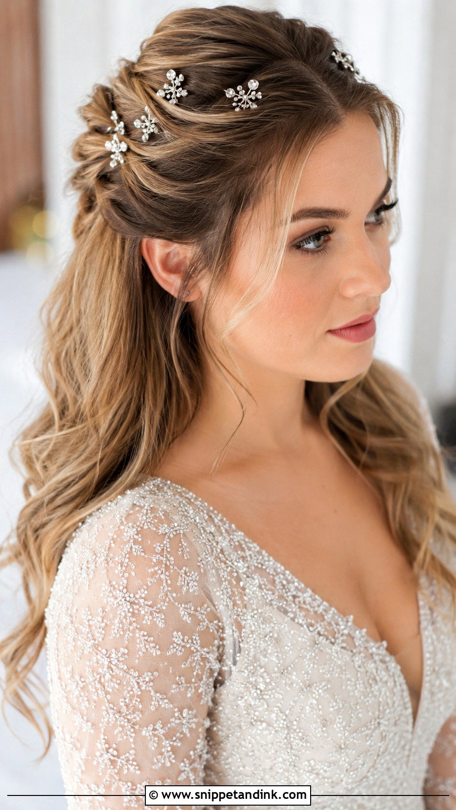 Half Up Half Down With Sparkly Hair Clips - Snippet and Ink - 25 Short Hair Half-Up Half-Down Wedding Hairstyles