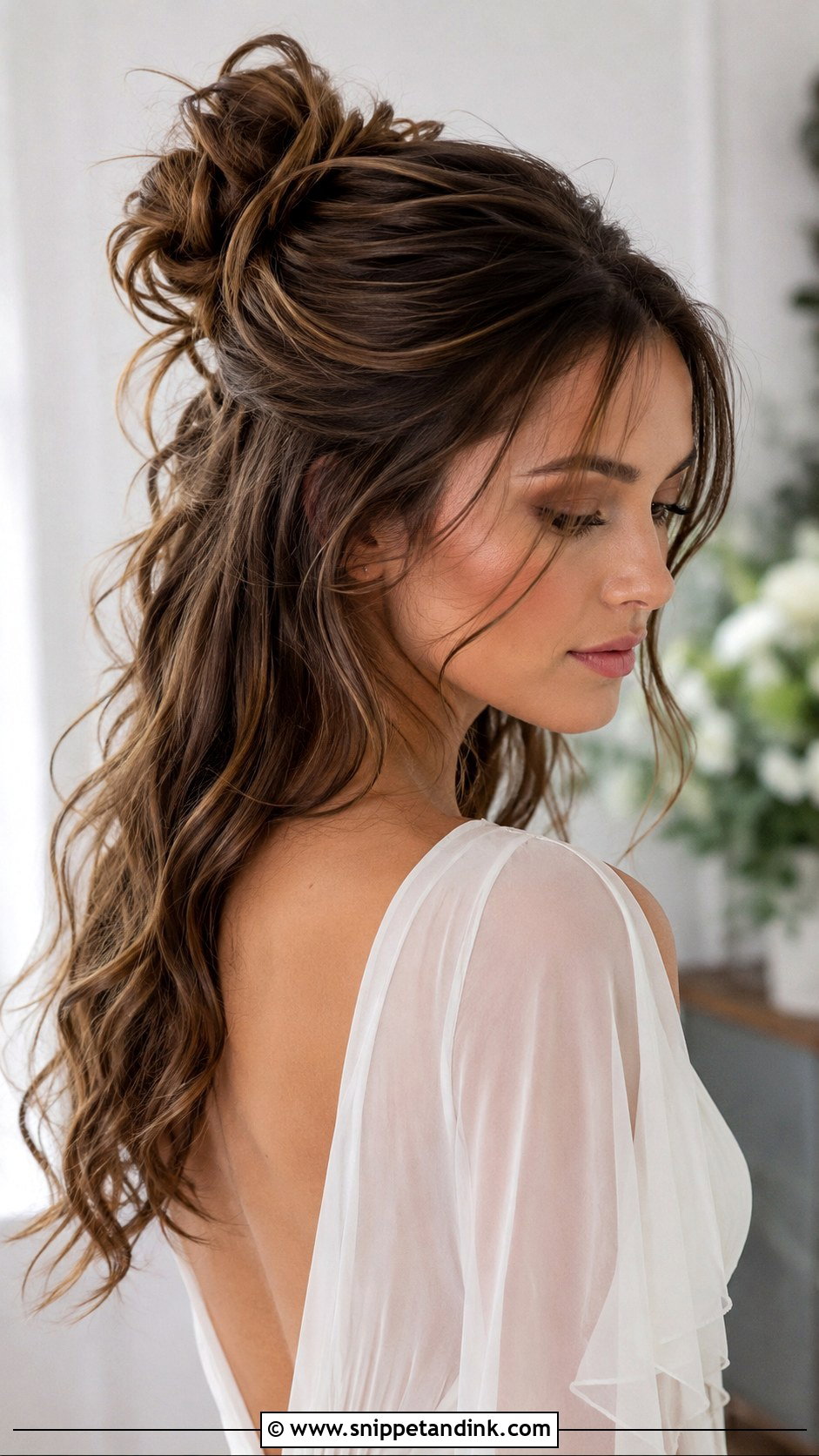 Half Up Half Down With Textured Messy Bun - Snippet and Ink - 20 Shoulder Length Half-Up Half-Down Wedding Hair Ideas