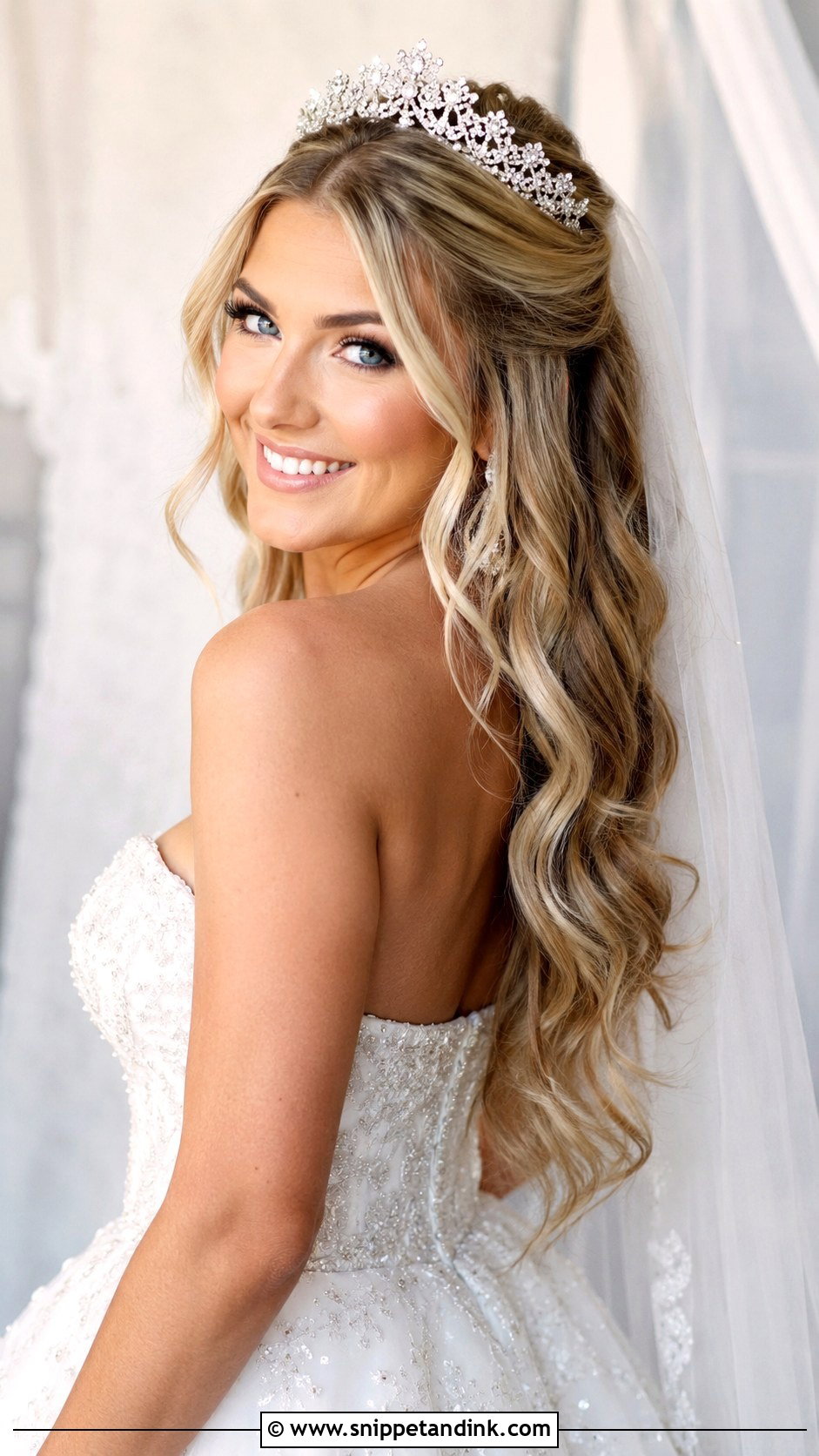 Half Up Half Down With Tiara - Snippet and Ink - 25 Half-Up Half-Down Wedding Hair Front Pic Ideas