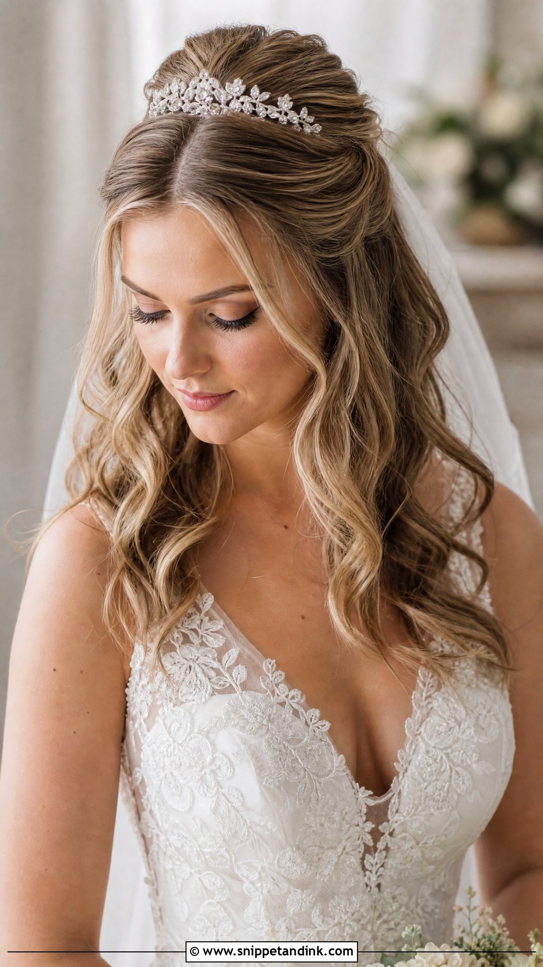 Half Up Half Down With Tiara - Snippet and Ink - 20 Bridal Hairstyle with Crown Ideas