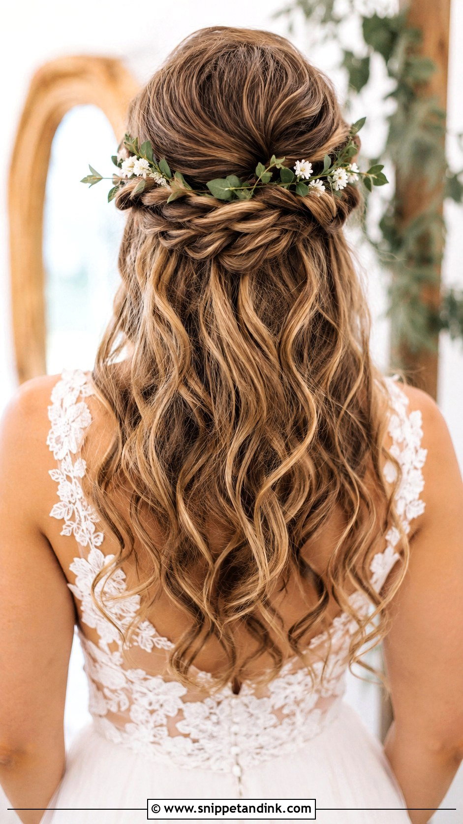 Half Up Half Down With Twisted Crown - Snippet and Ink - 20 Half-Up Half-Down Wedding Hair Inspo Ideas