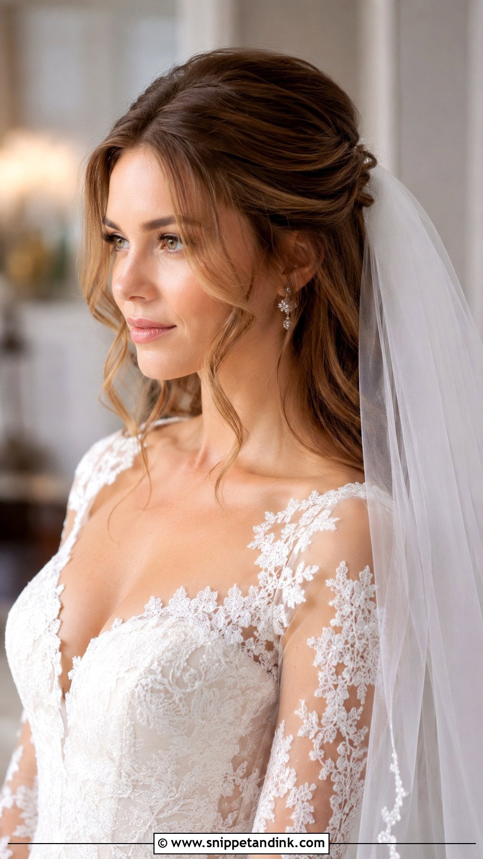 Half Up Half Down With Veil - Snippet and Ink - 30 Half Updo Wedding Hair Ideas