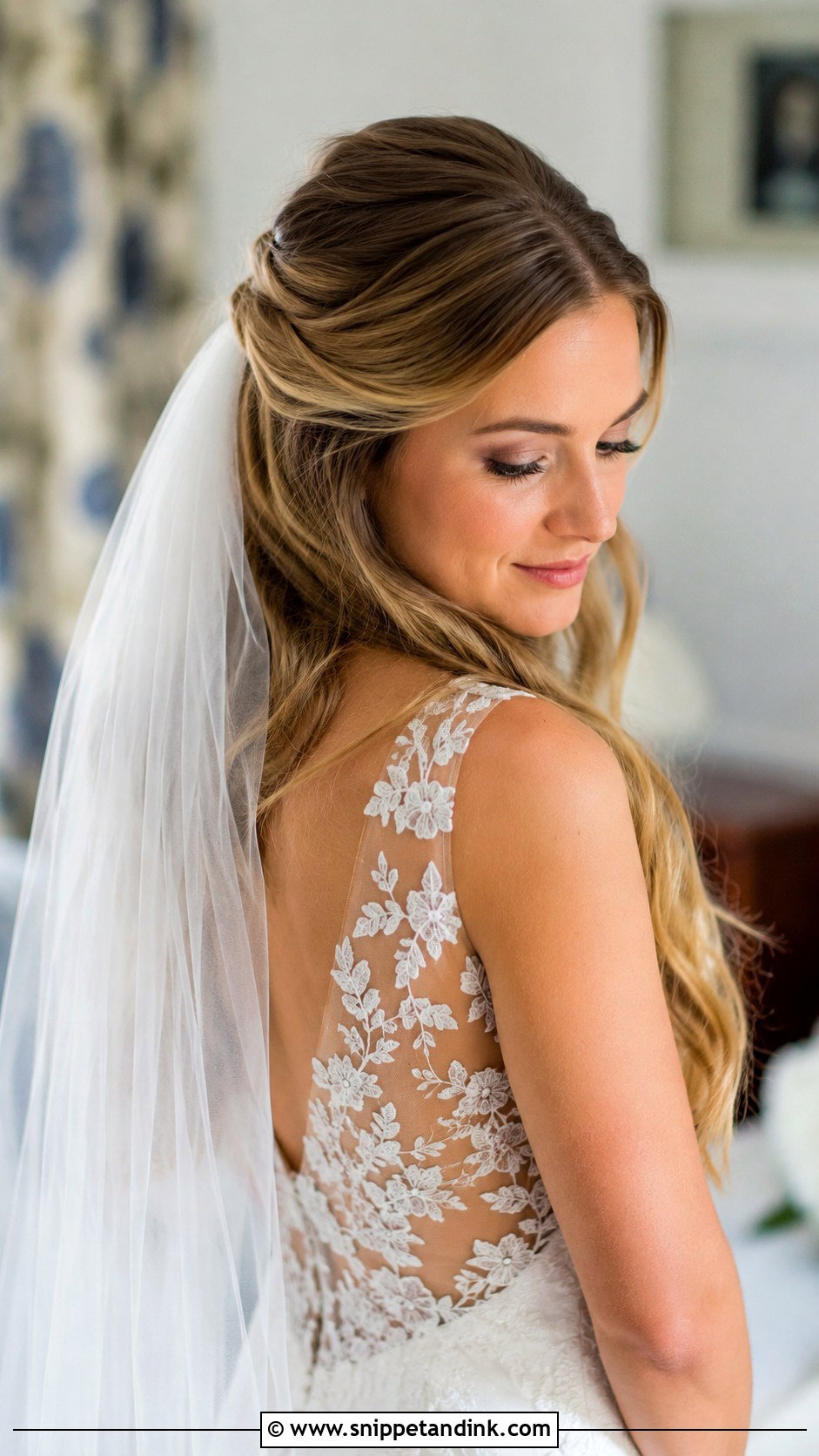 Half Up Half Down With Veil Underneath - Snippet and Ink - 30 Short Half-Up Half-Down Wedding Hair Ideas