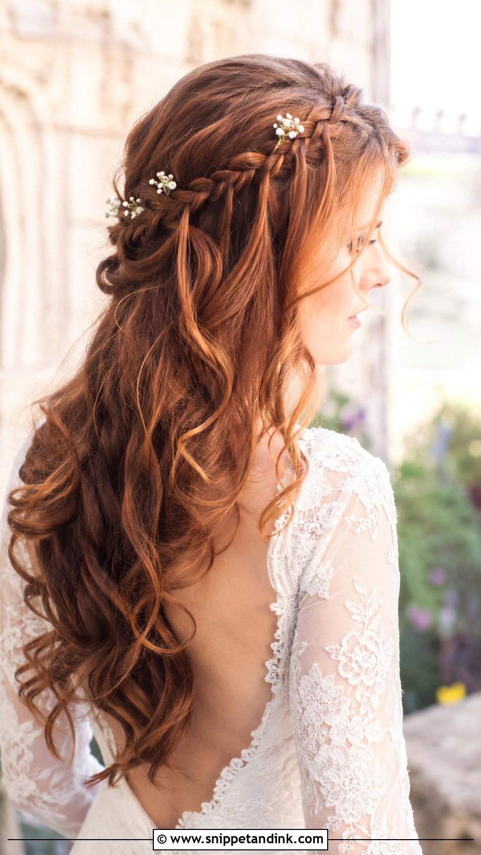 Half Up Half Down With Waterfall Braid - Snippet and Ink - 20 Half-Up Half-Down Wedding Hair Inspo Ideas