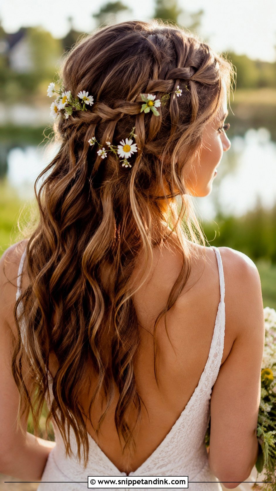 Half Up Half Down With Waterfall Braid - Snippet and Ink - 20 Shoulder Length Half-Up Half-Down Wedding Hair Ideas