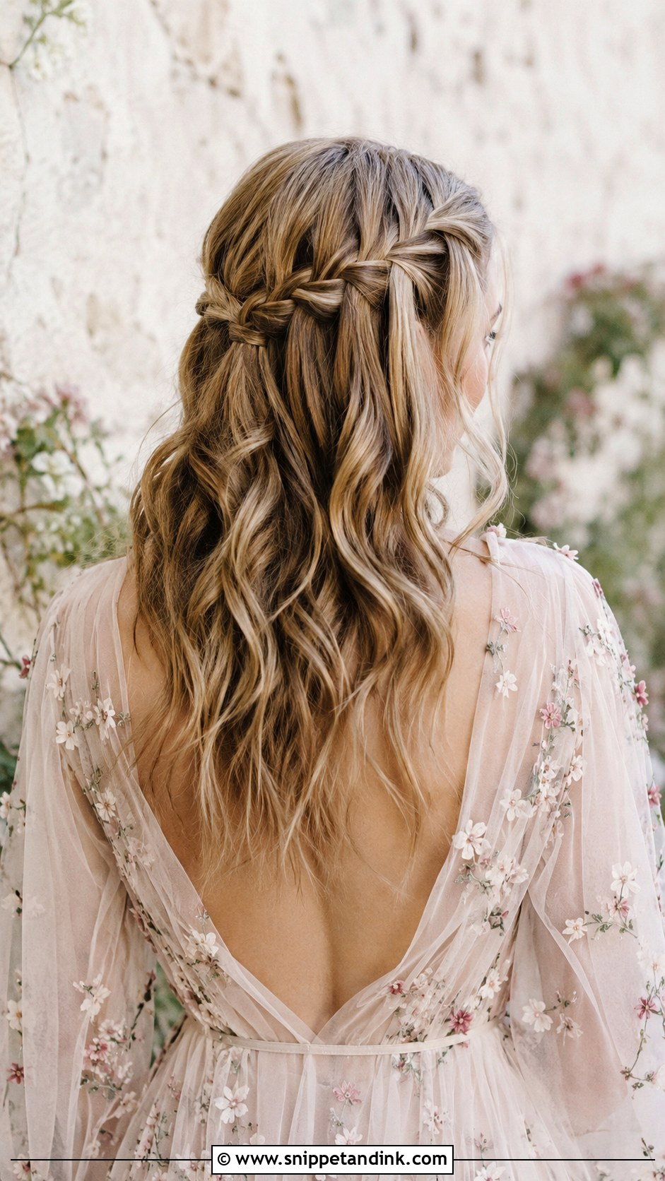 Half Up Half Down With Waterfall Braid - Snippet and Ink - 25 Elegant Half-Up Half-Down Wedding Hairstyles