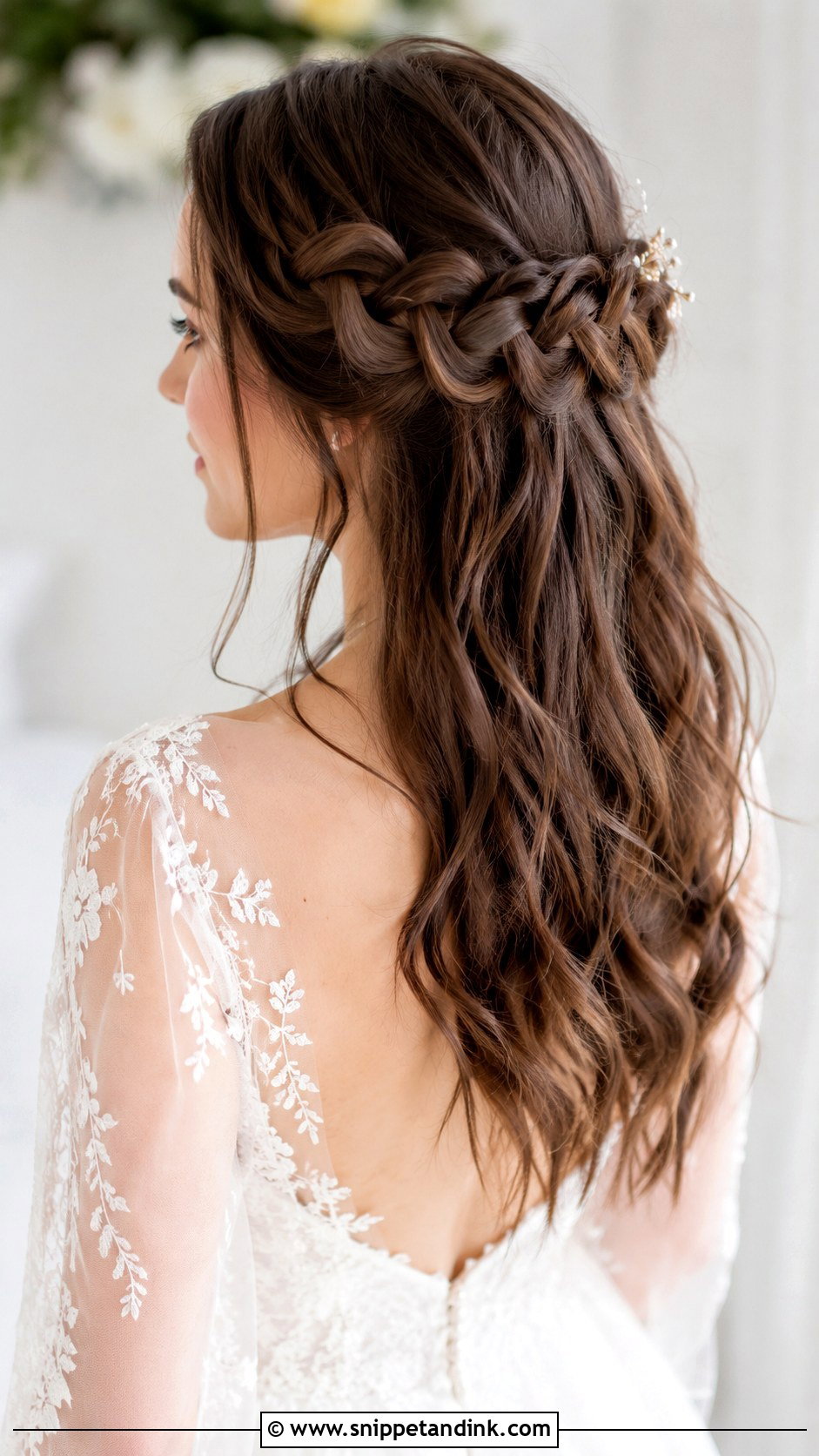 Half Up Half Down With Waterfall Braid - Snippet and Ink - 25 Half-Up Half-Down Bride Hair Ideas