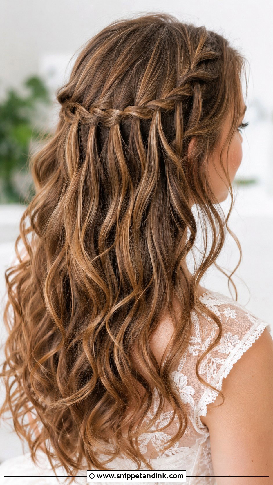 Half Up Half Down With Waterfall Braid - Snippet and Ink - 25 Half-Up Half-Down Wedding Guest Hair Ideas