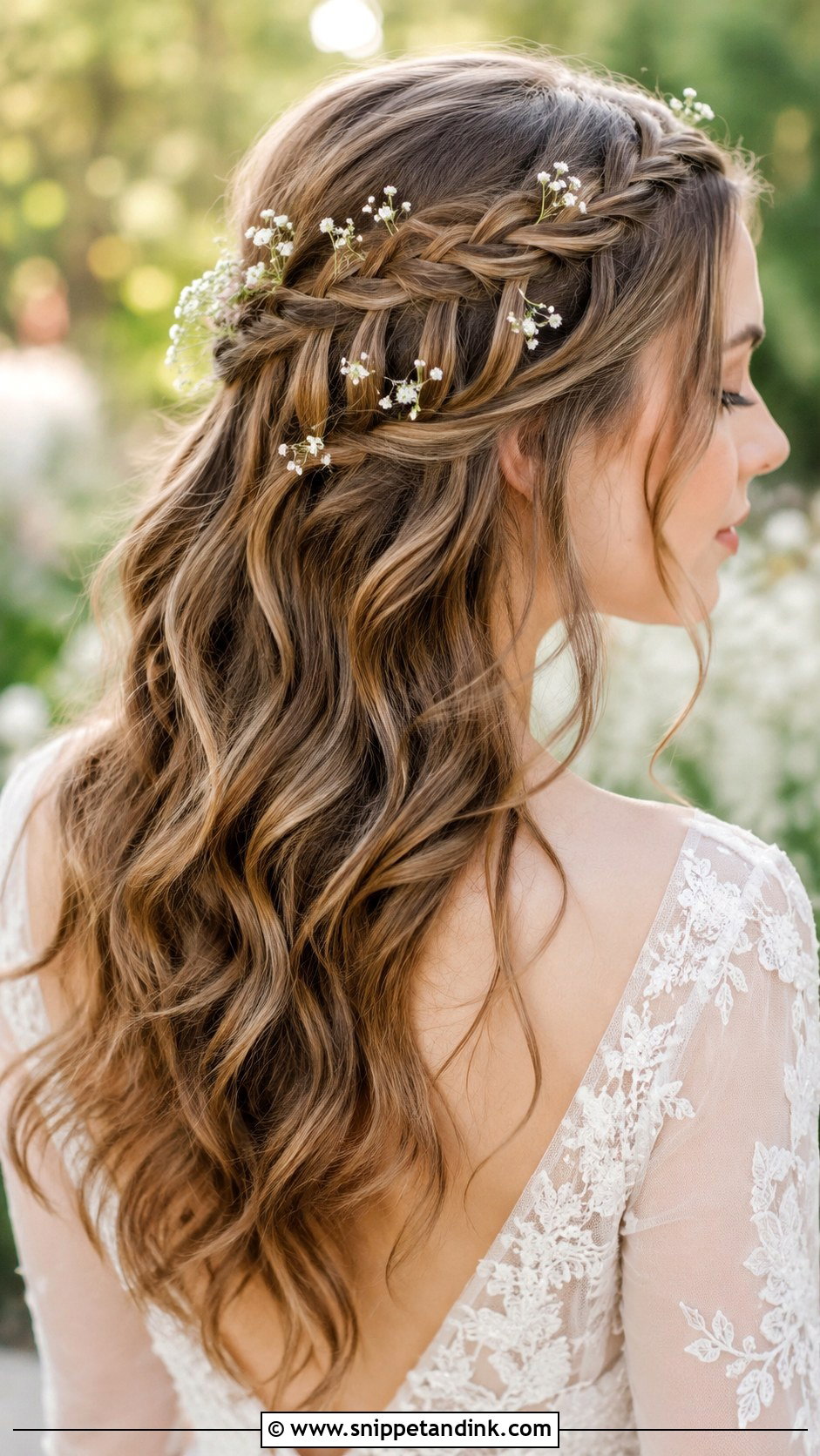 Half Up Half Down With Waterfall Braid - Snippet and Ink - 30 Half Updo Wedding Hair Ideas
