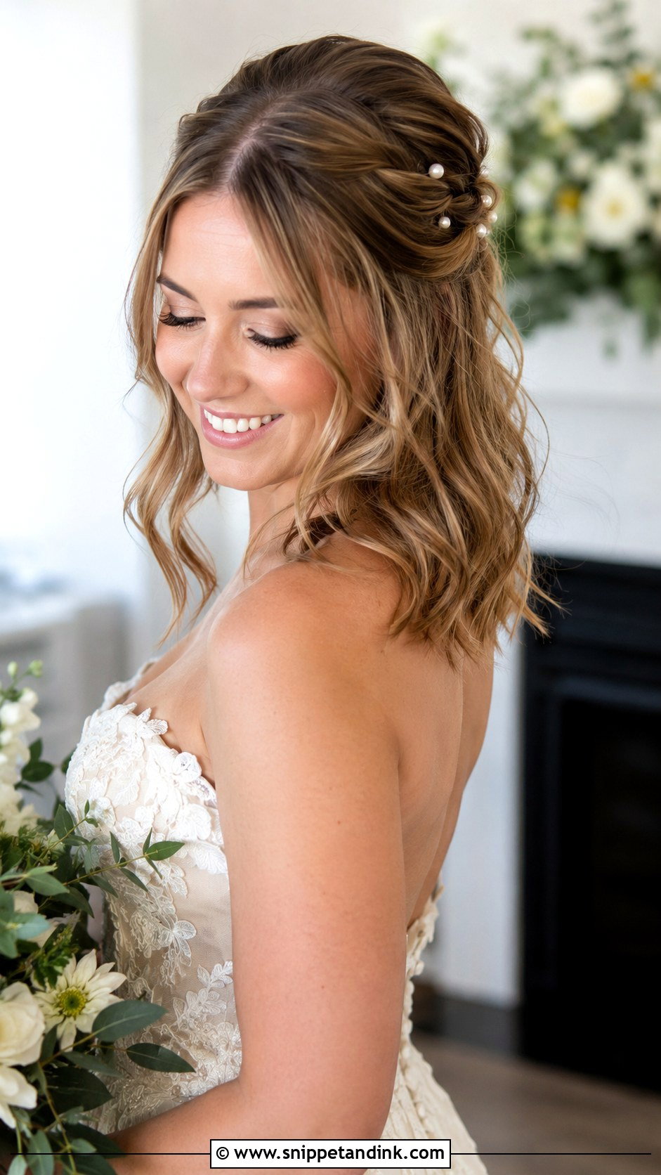 Half Up Half Down With Waves - Snippet and Ink - 25 Shoulder Length Wedding Hair Ideas