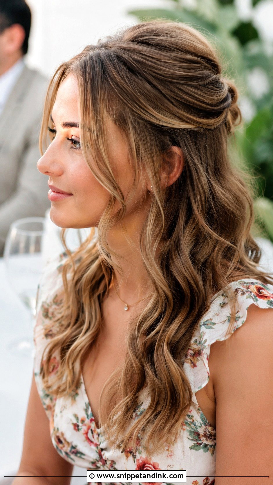 Half Up Half Down With Waves - Snippet and Ink - 25 Wedding Guest Hair Inspo Ideas