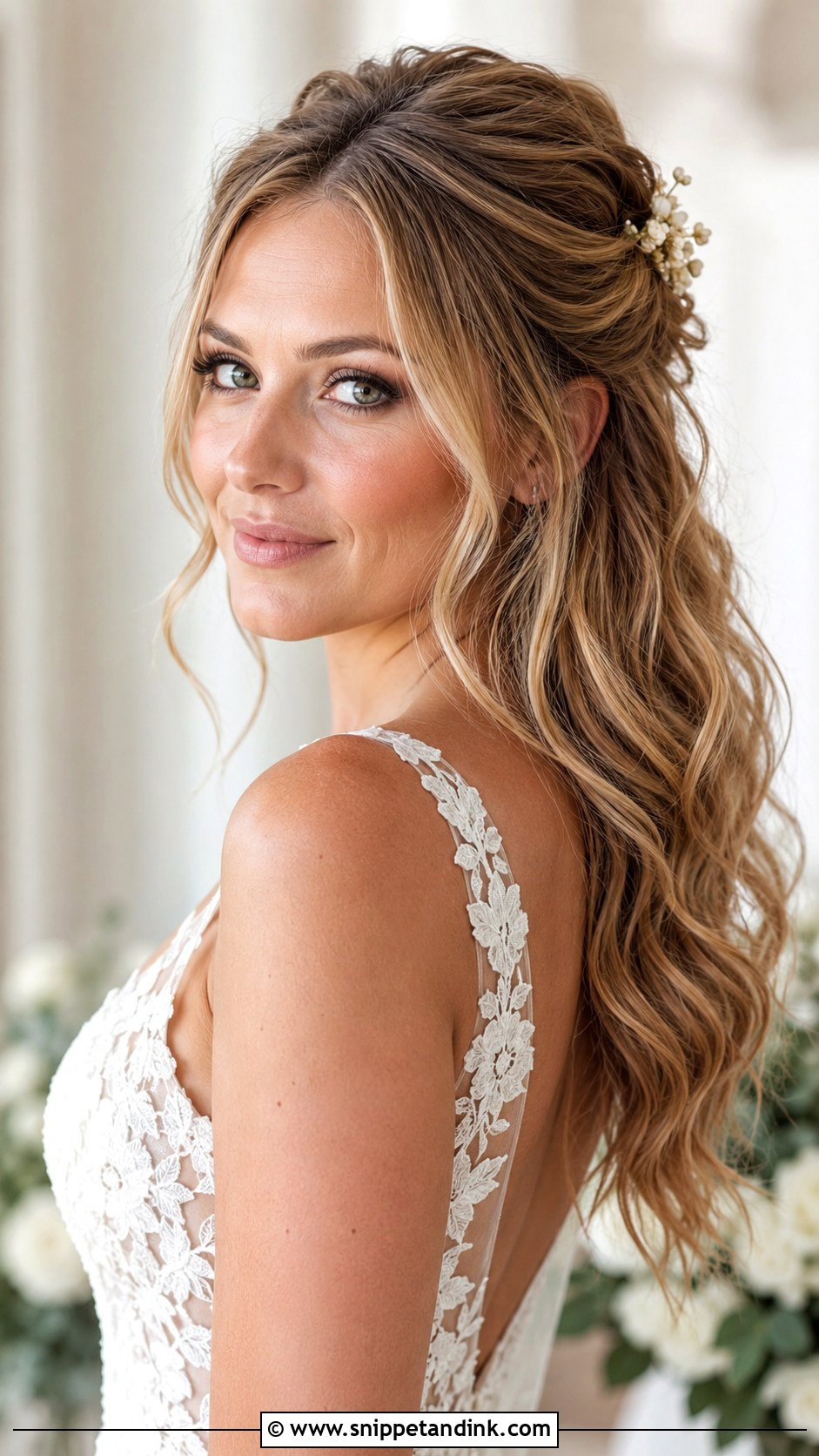 Half Up Half Down With Waves - Snippet and Ink - 20 Round Face Wedding Hairstyles
