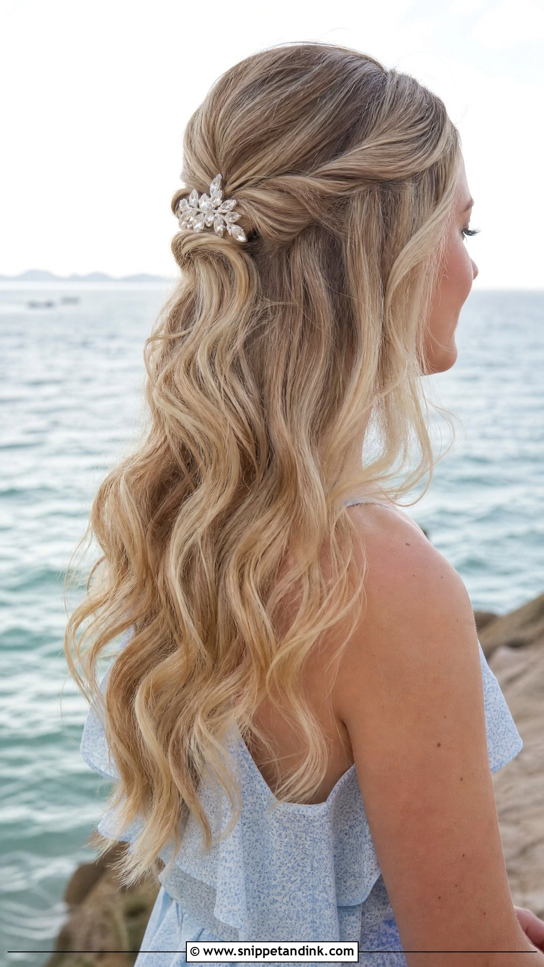 Half Up Half Down With Waves - Snippet and Ink - 20 Beach Wedding Guest Hair Ideas