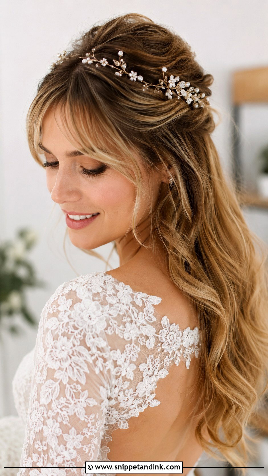 Half Up Half Down With Wispy Bangs - Snippet and Ink - 20 Hairstyles with Bangs for Wedding