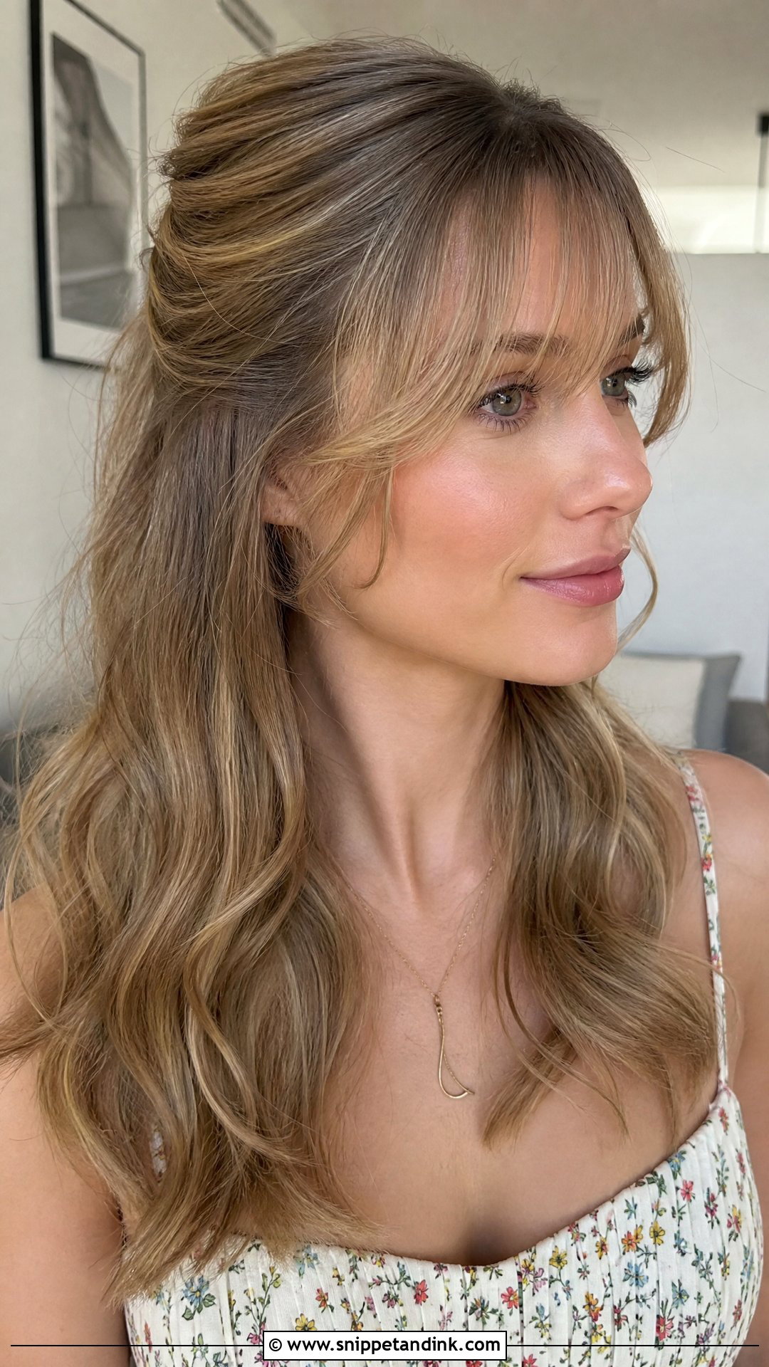 Half Up Half Down With Wispy Bangs - Snippet and Ink - 20 Wedding Guest Hair with Bangs Ideas