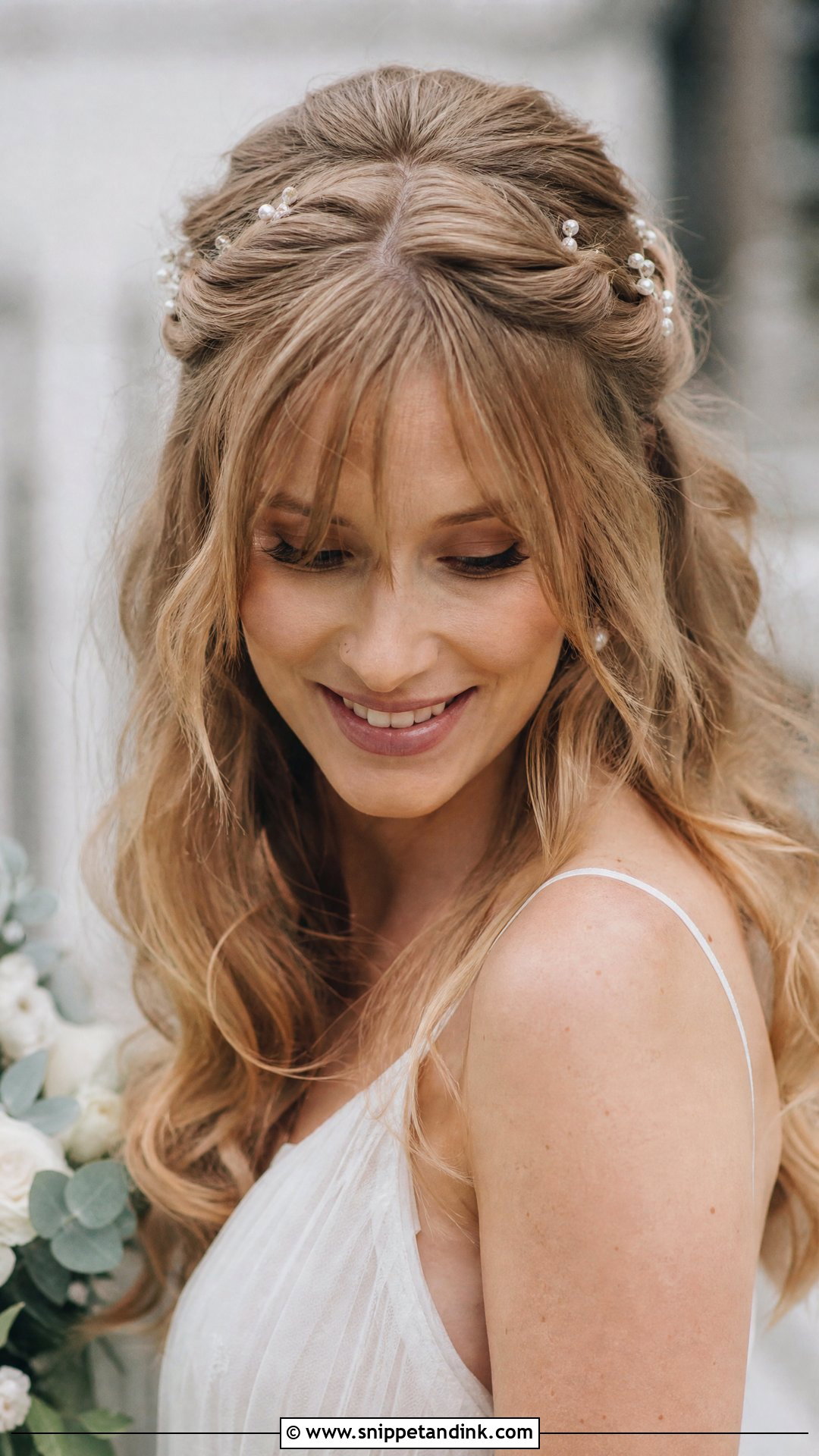 Half Up Half Down With Wispy Bangs - Snippet and Ink - 15 Bride Hairstyle with Bangs