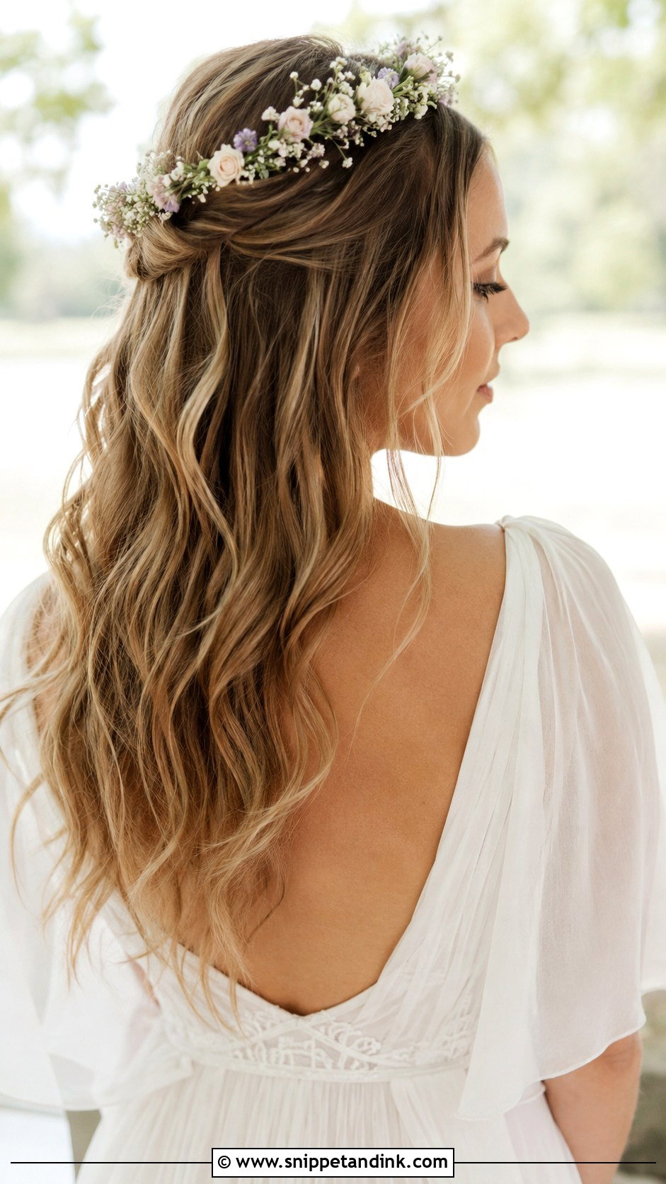 Half Up Half Down With a Flower Crown - Snippet and Ink - 20 Garden Wedding Hairstyles