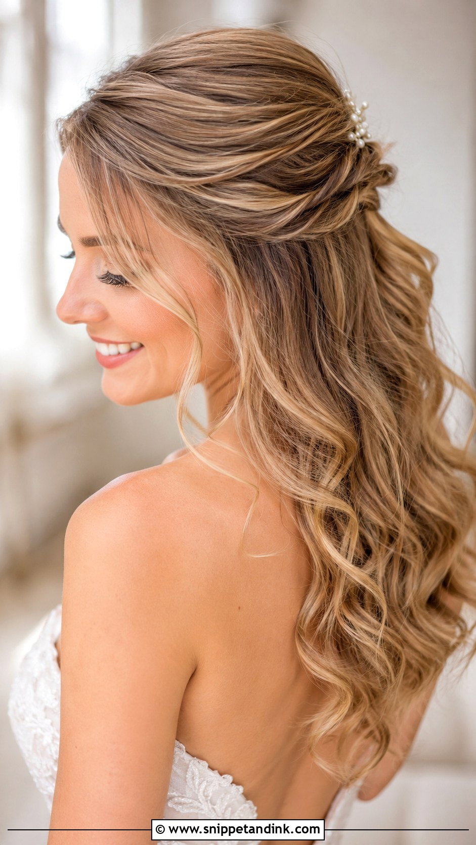 Half Up Half Down for Strapless Dress - Snippet and Ink - 25 Wedding Hairstyles for Strapless Dress