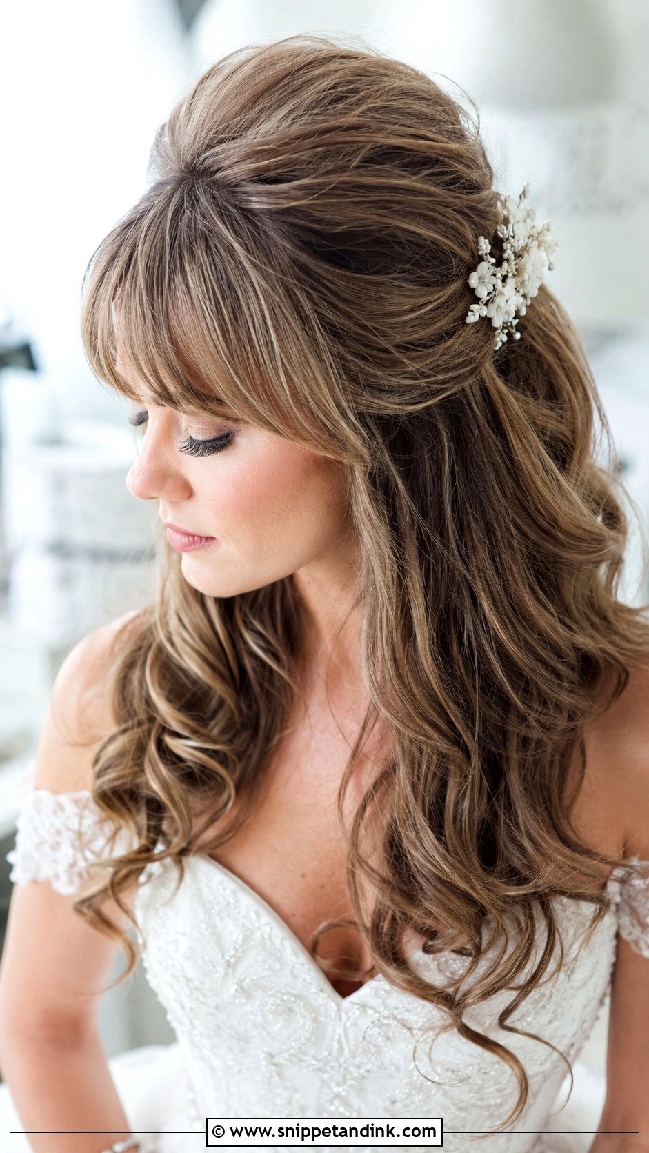 Half Up Half Down with Beehive Volume and Bangs - Snippet and Ink - 20 Half-Up Half-Down Wedding Hair with Bangs