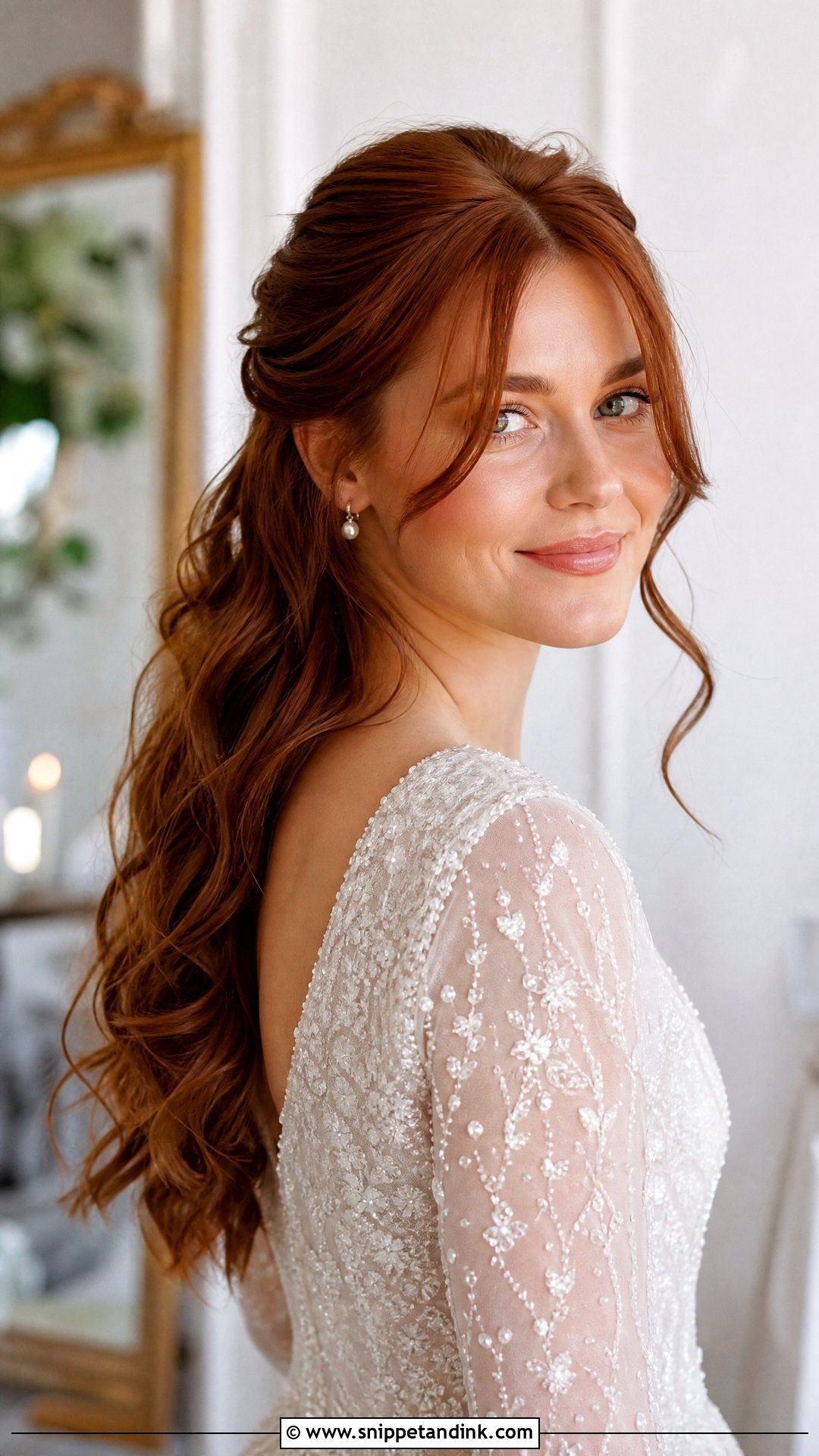 Half Up Half Down with Curtain Bangs - Snippet and Ink - 20 Wedding Hairstyles with Curtain Bangs