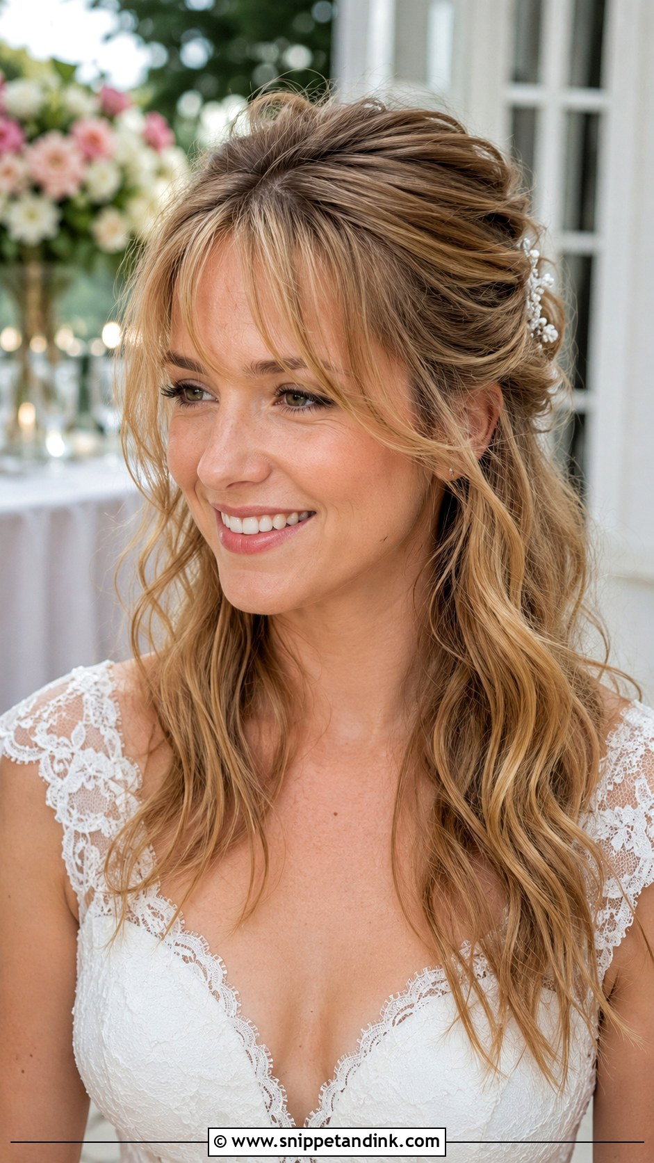 Half Up Half Down with Feathered Bangs - Snippet and Ink - 20 Half-Up Half-Down Wedding Hair with Bangs