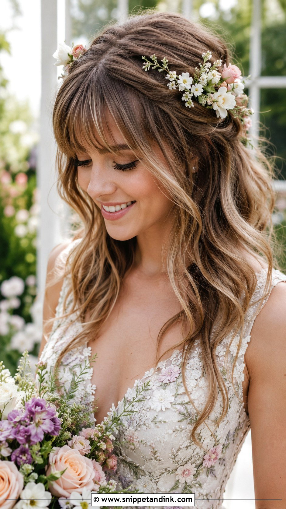 Half Up Half Down with Flower Accents and Bangs - Snippet and Ink - 20 Half-Up Half-Down Wedding Hair with Bangs