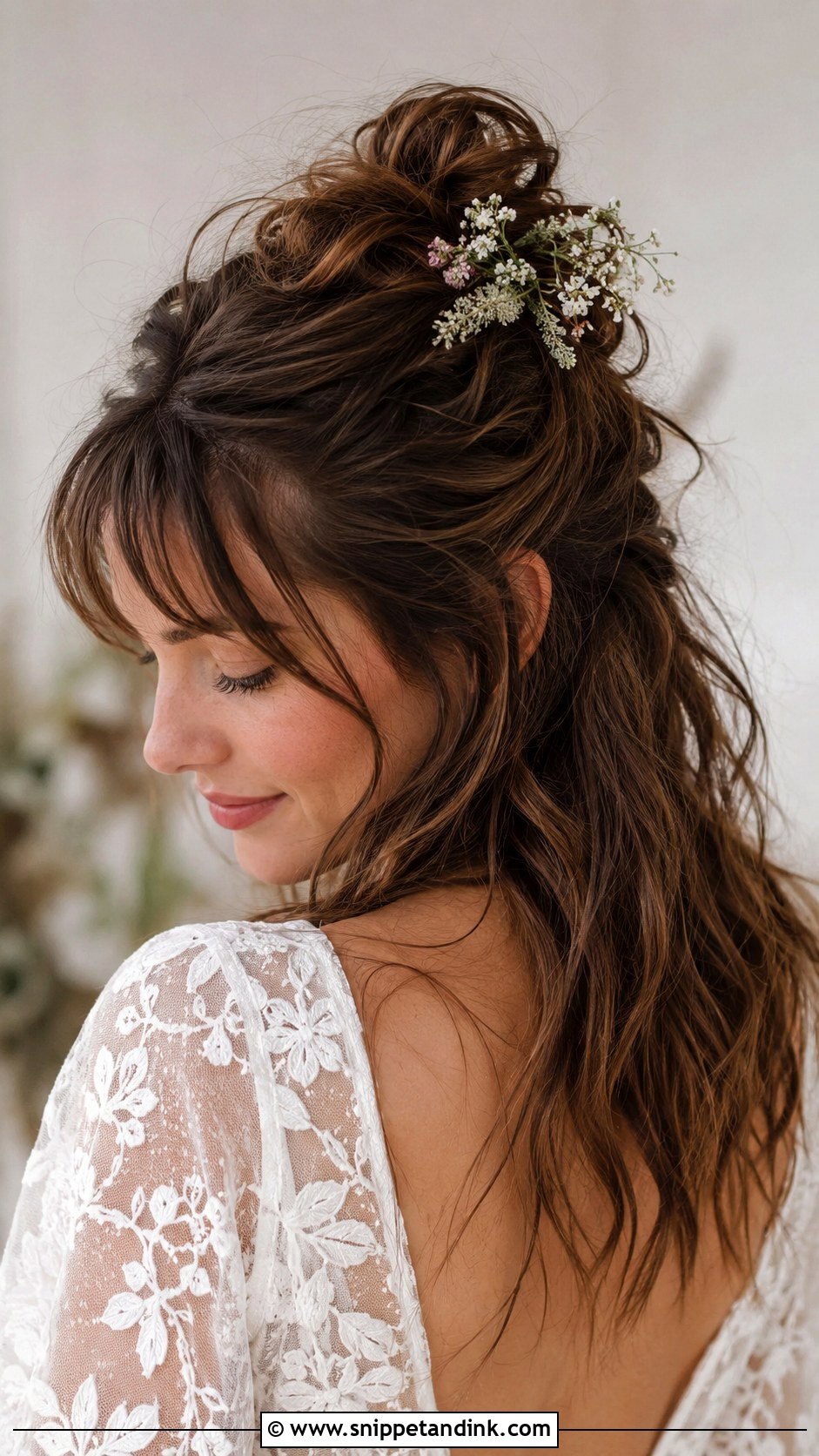 Half Up Half Down with Messy Bun and Bangs - Snippet and Ink - 20 Half-Up Half-Down Wedding Hair with Bangs