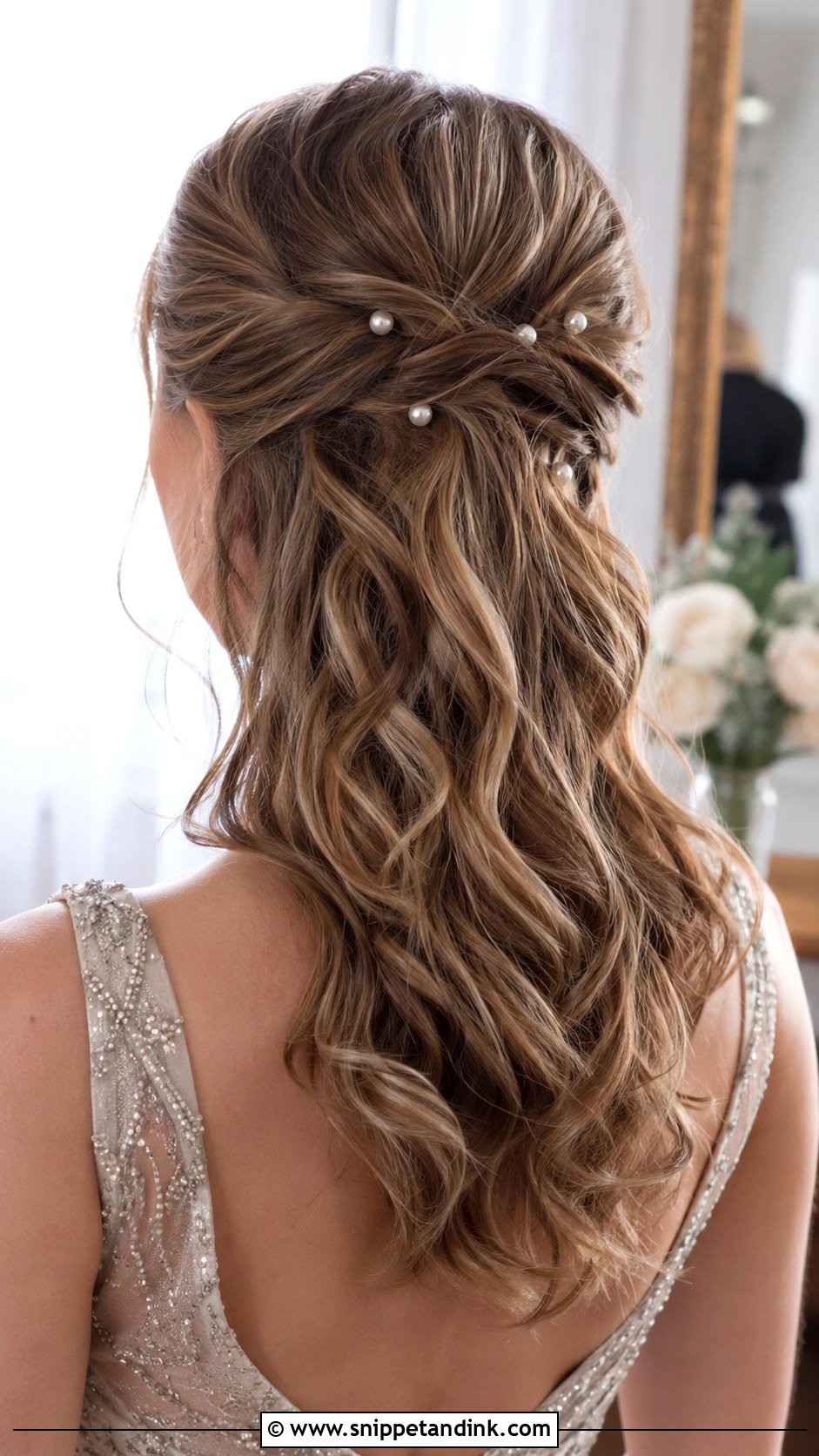 Half Up Half Down with Pearl Hair Pins - Snippet and Ink - 20 Easy Half-Up Half-Down Hair Wedding Guest Hairstyle Ideas