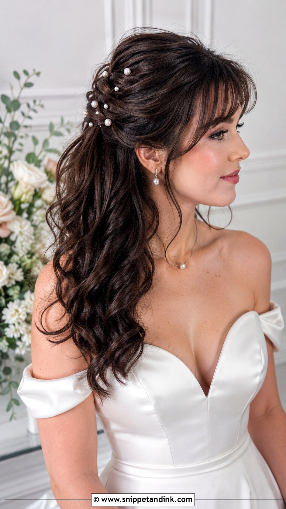 Half Up Half Down with Pearl Pins and Bangs - Snippet and Ink - 20 Half-Up Half-Down Wedding Hair with Bangs