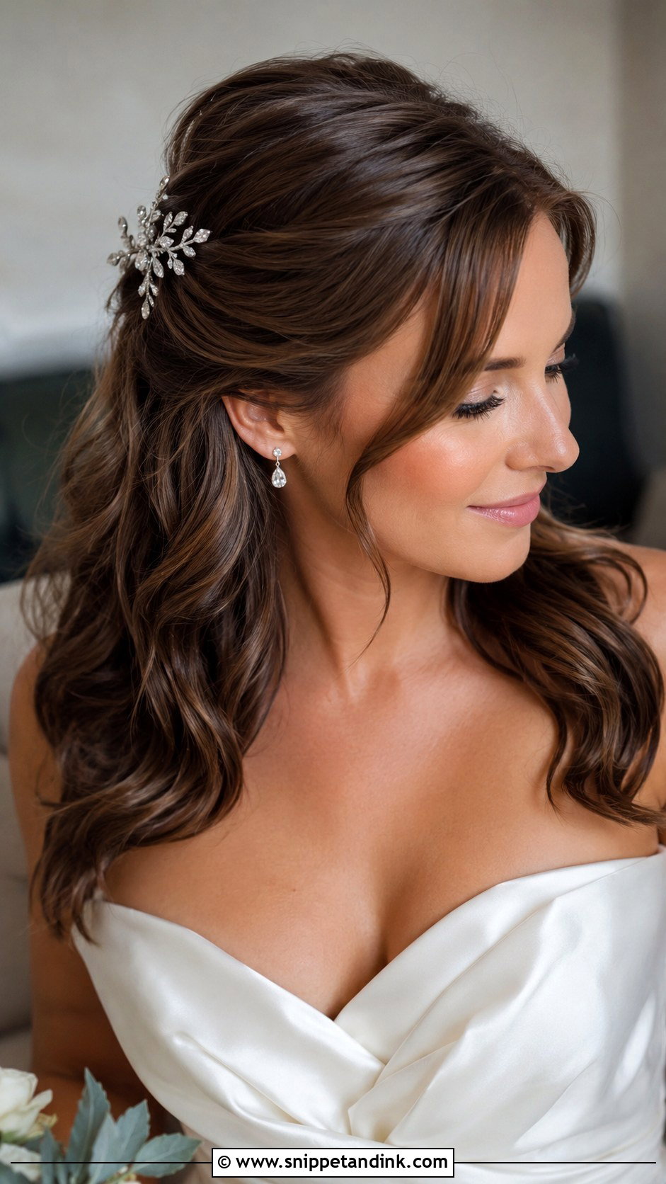 Half Up Half Down with Side Swept Bangs - Snippet and Ink - 20 Half-Up Half-Down Wedding Hair with Bangs
