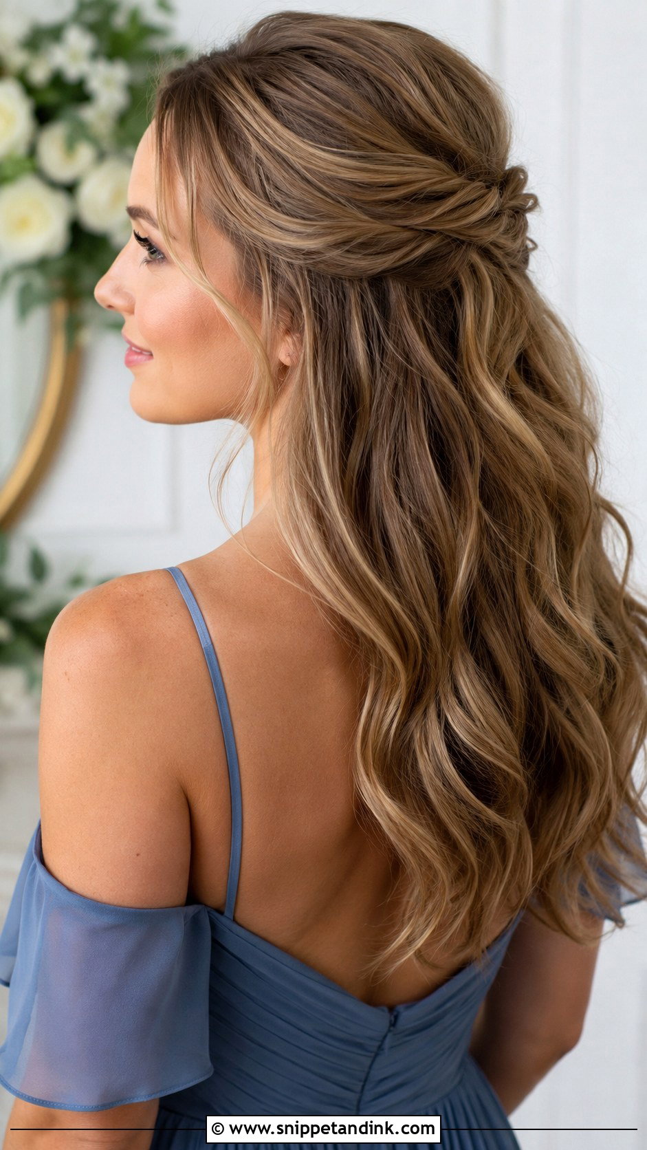 Half Up Half Down with Soft Curls - Snippet and Ink - 20 Mother of the Groom Hairstyles Medium Wedding Mom Hair