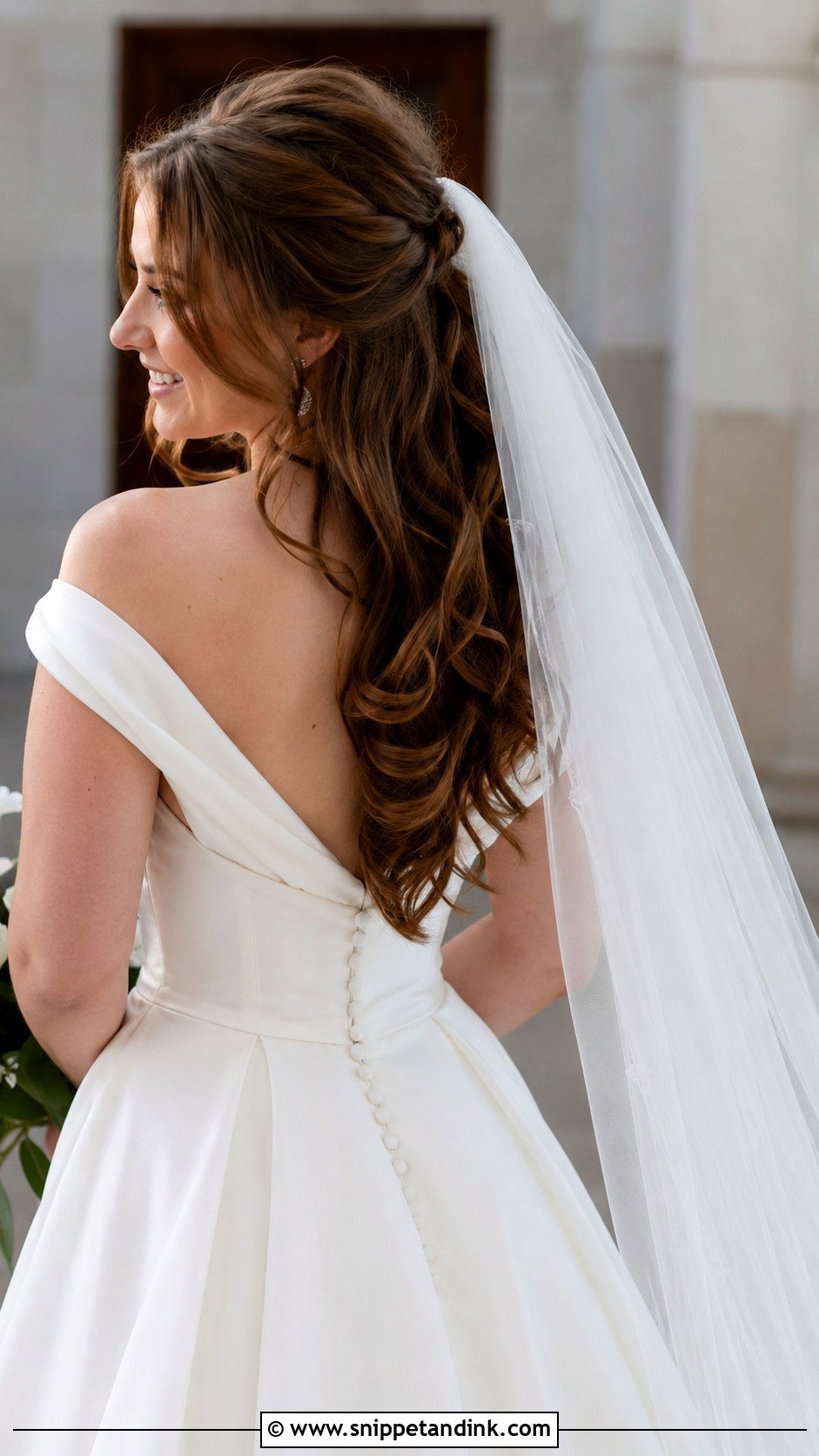Half Up Half Down with Soft Curls and Veil - Snippet and Ink - 25 Medium Length Half-Up Half-Down Wedding Hairstyles