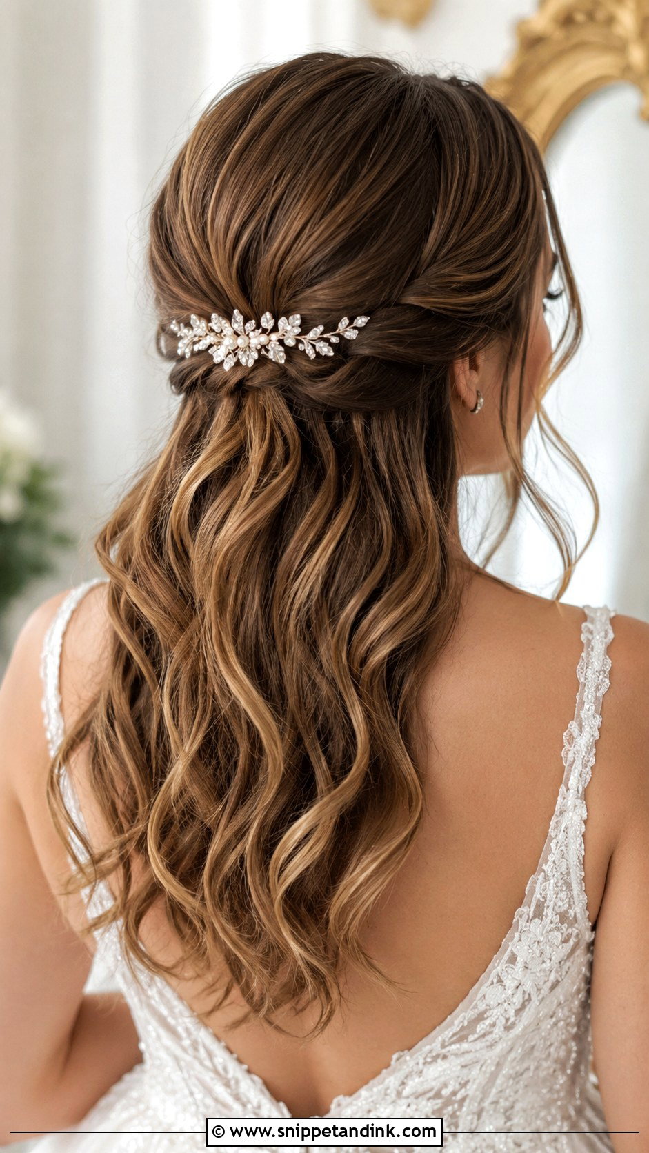 Half Up Half Down with Sparkly Hair Comb - Snippet and Ink - 25 Medium Length Half-Up Half-Down Wedding Hairstyles