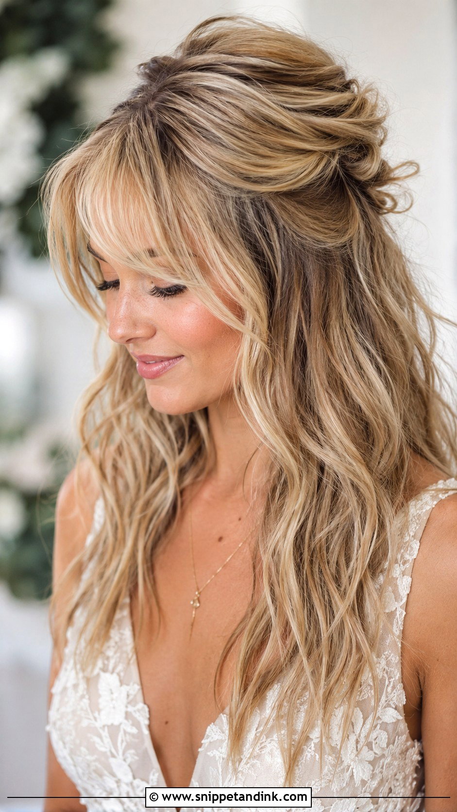 Half Up Half Down with Textured Waves and Bangs - Snippet and Ink - 20 Half-Up Half-Down Wedding Hair with Bangs