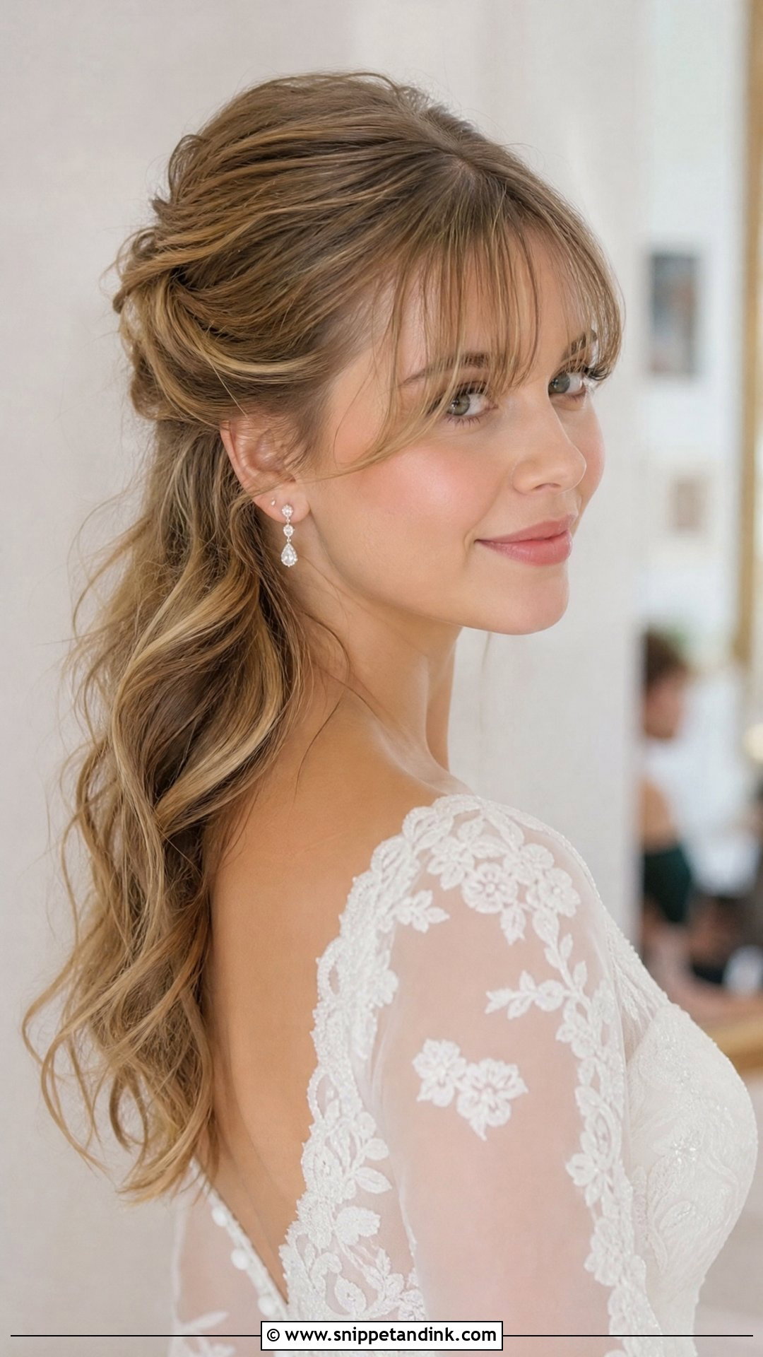 Half Up Half Down with Wispy Bangs - Snippet and Ink - 20 Wedding Hair with Fringe Ideas
