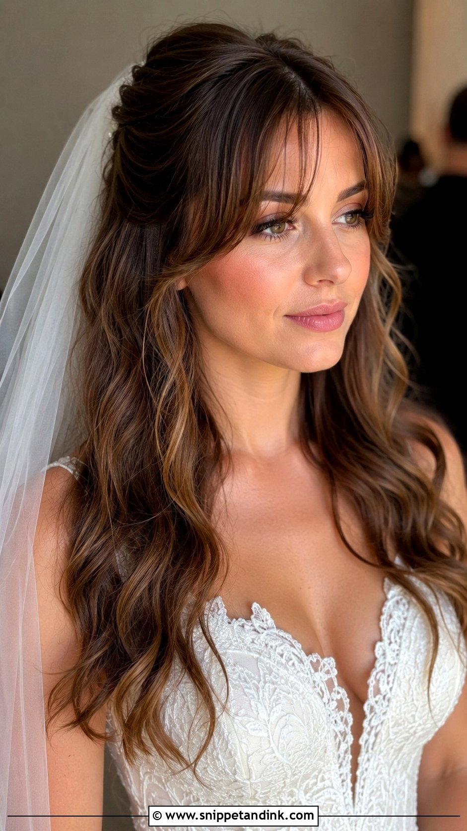 Half Up Half Down with Wispy Curtain Bangs and Veil - Snippet and Ink - 20 Half-Up Half-Down Wedding Hair with Bangs